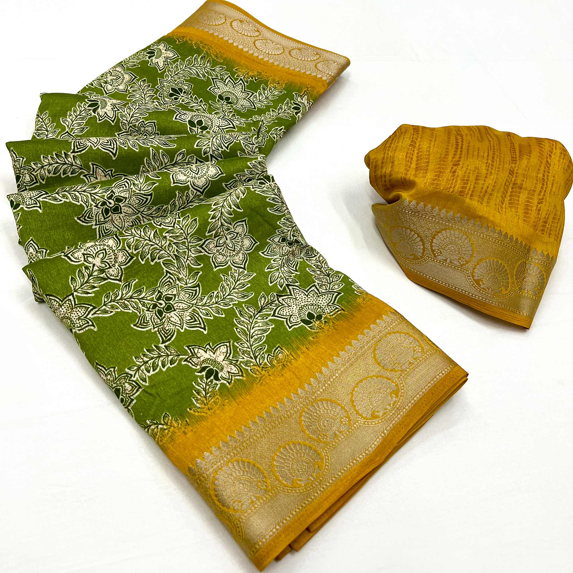 Green Floral Printed With Woven Border Dola Silk Saree