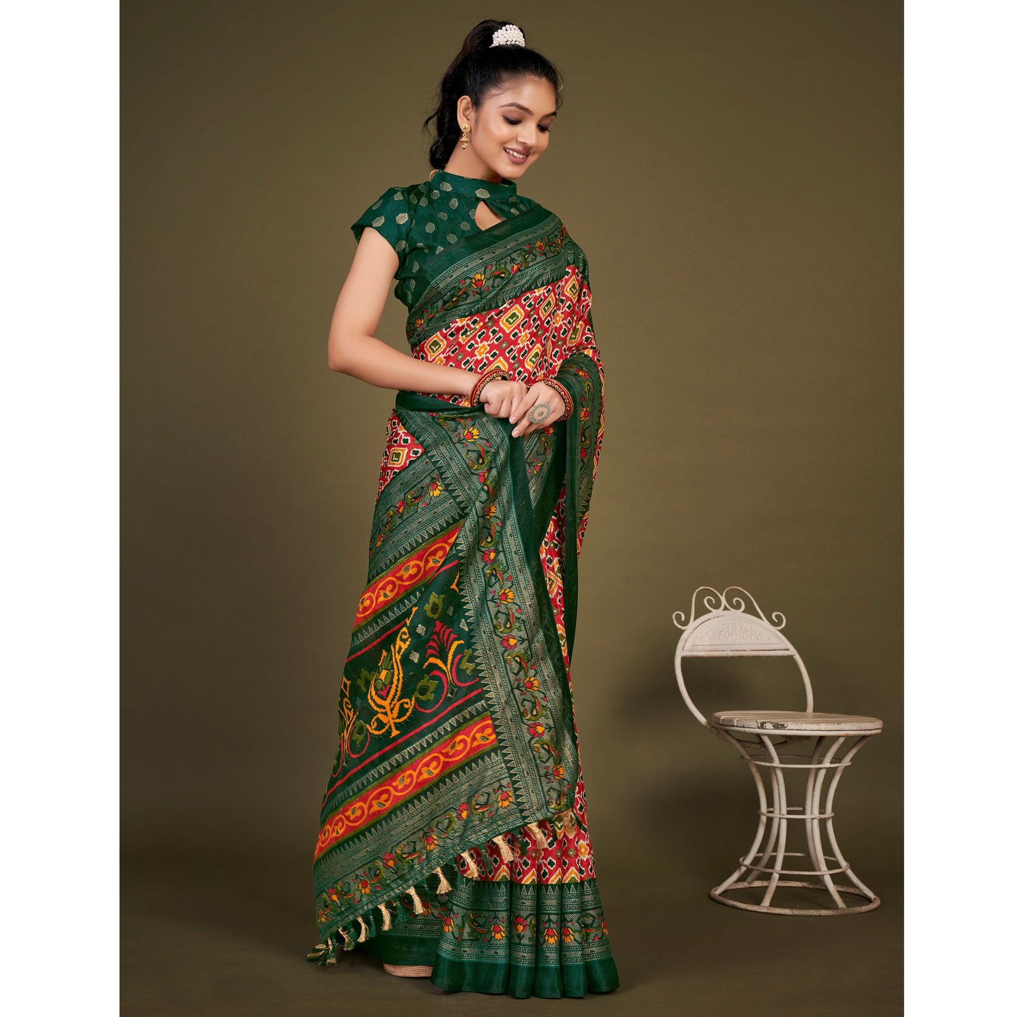 Red Printed Jute Patola Saree With Tassels