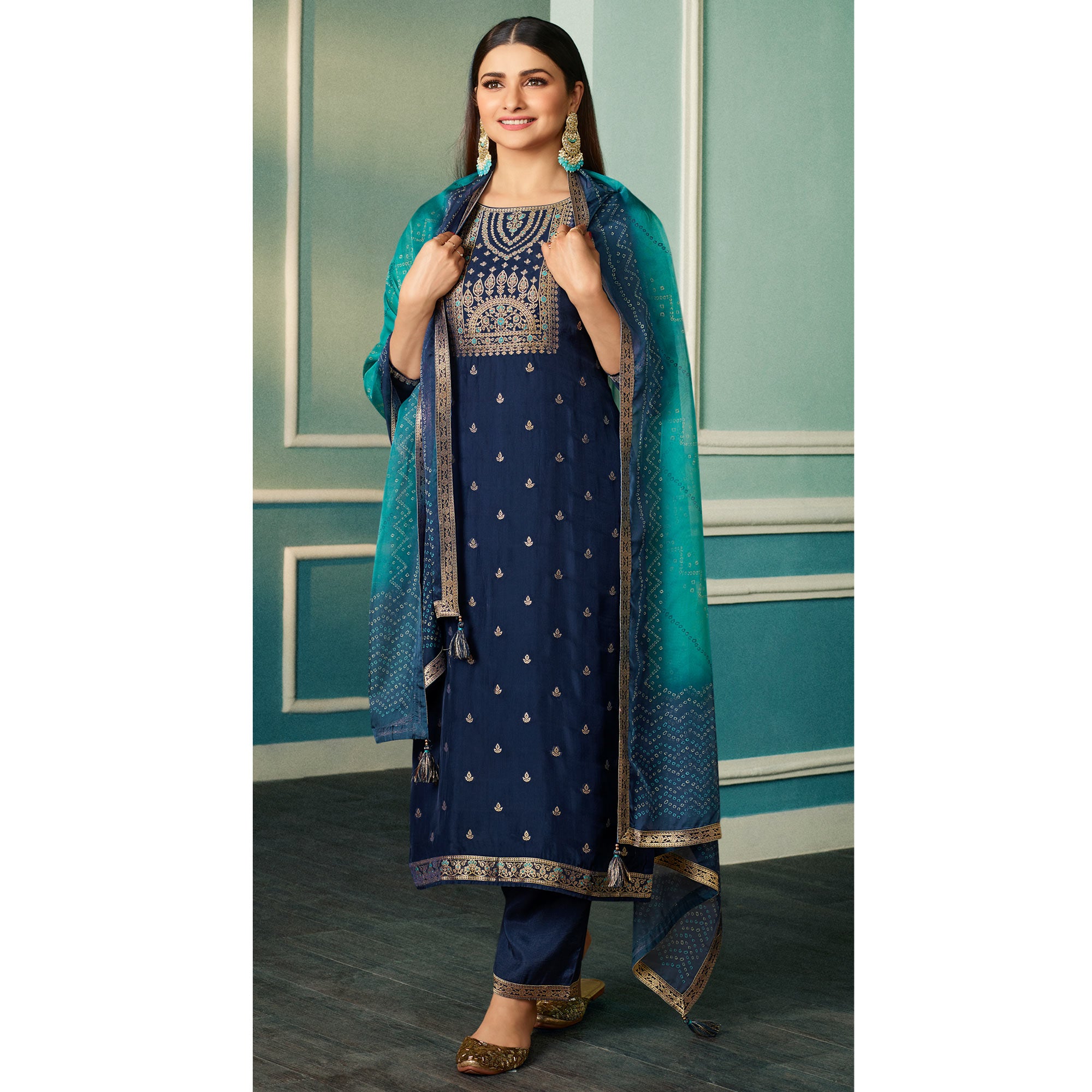 Blue Floral Woven Organza Salwar Suit