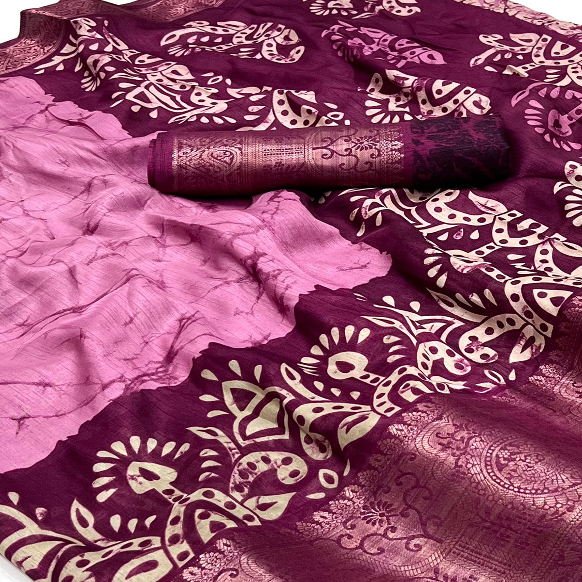 Pink Floral Printed With Woven Dola Silk Saree