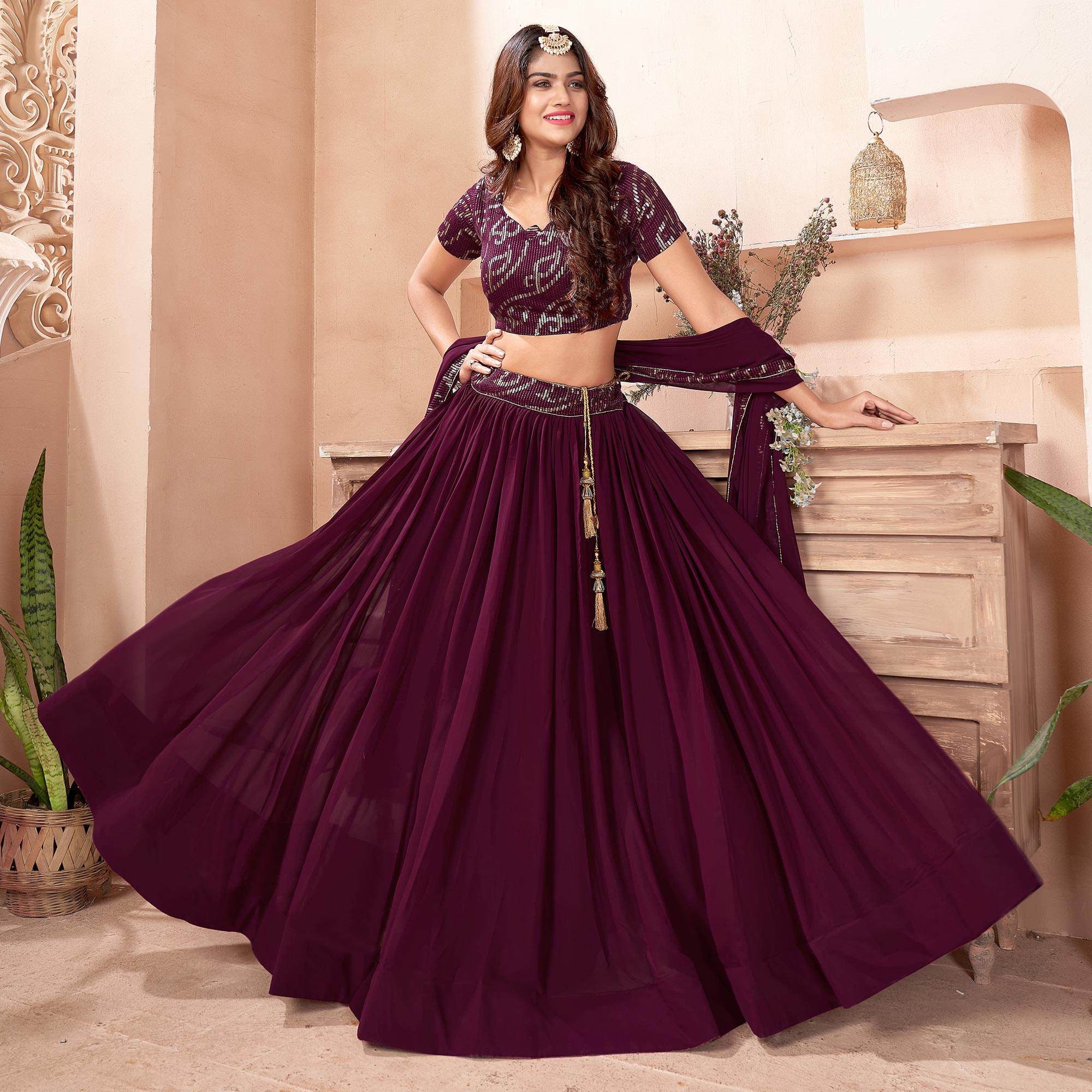 Purple Sequins Embroidered Georgette Lehenga Choli