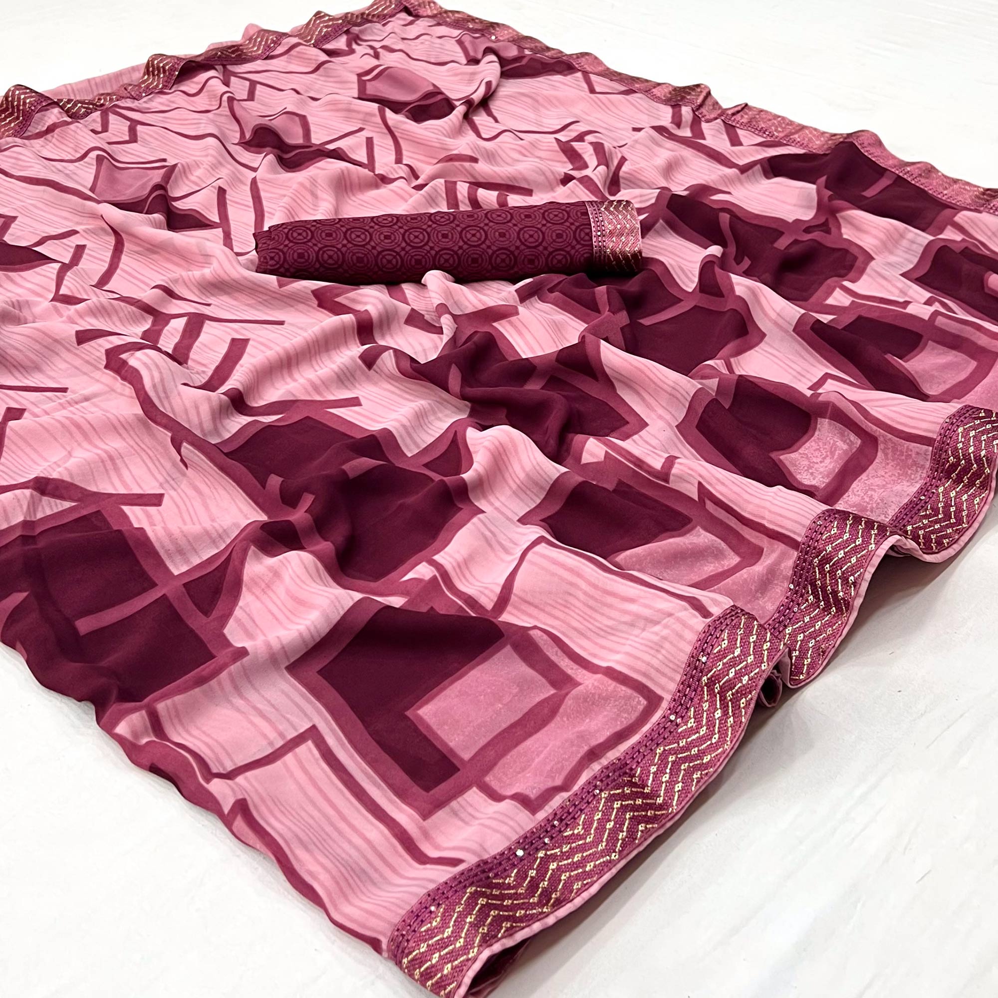 Pink Geometric Printed Georgette Saree