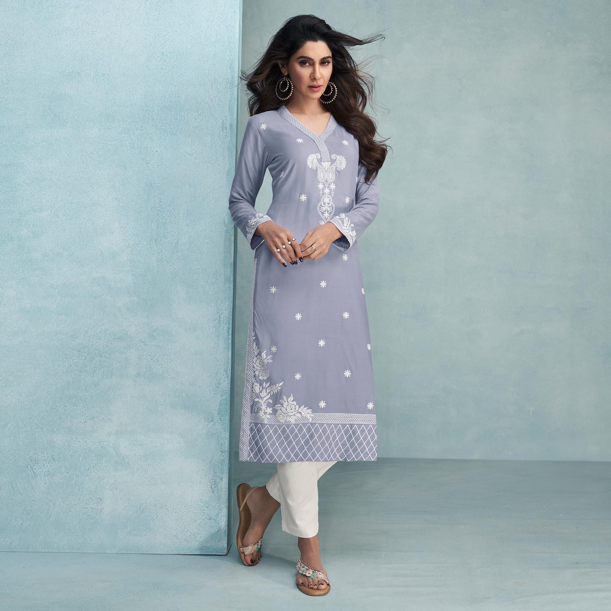 Lavender Lucknowi Embroidered Rayon Kurti