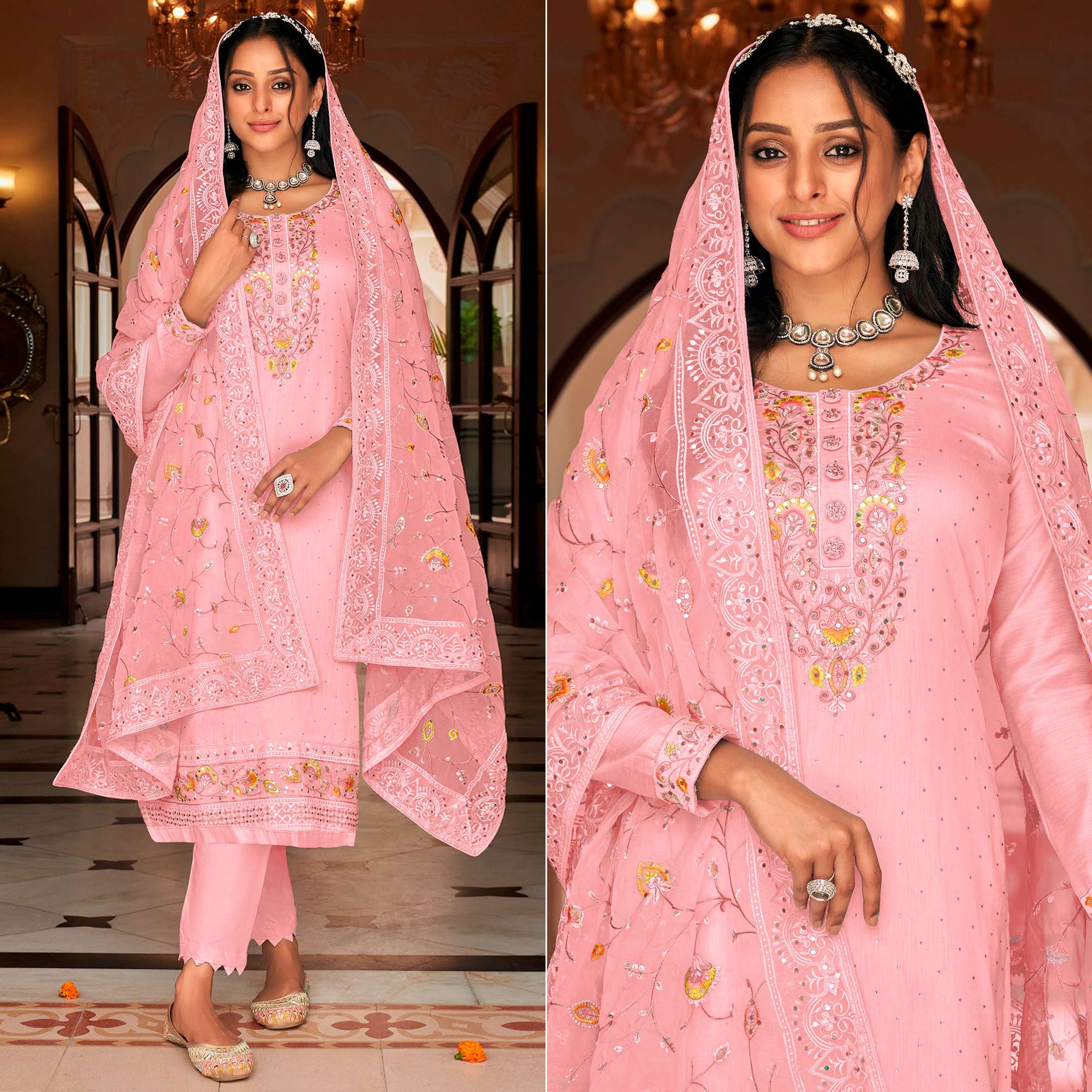 Pink Floral Embroidered Georgette Salwar Suit