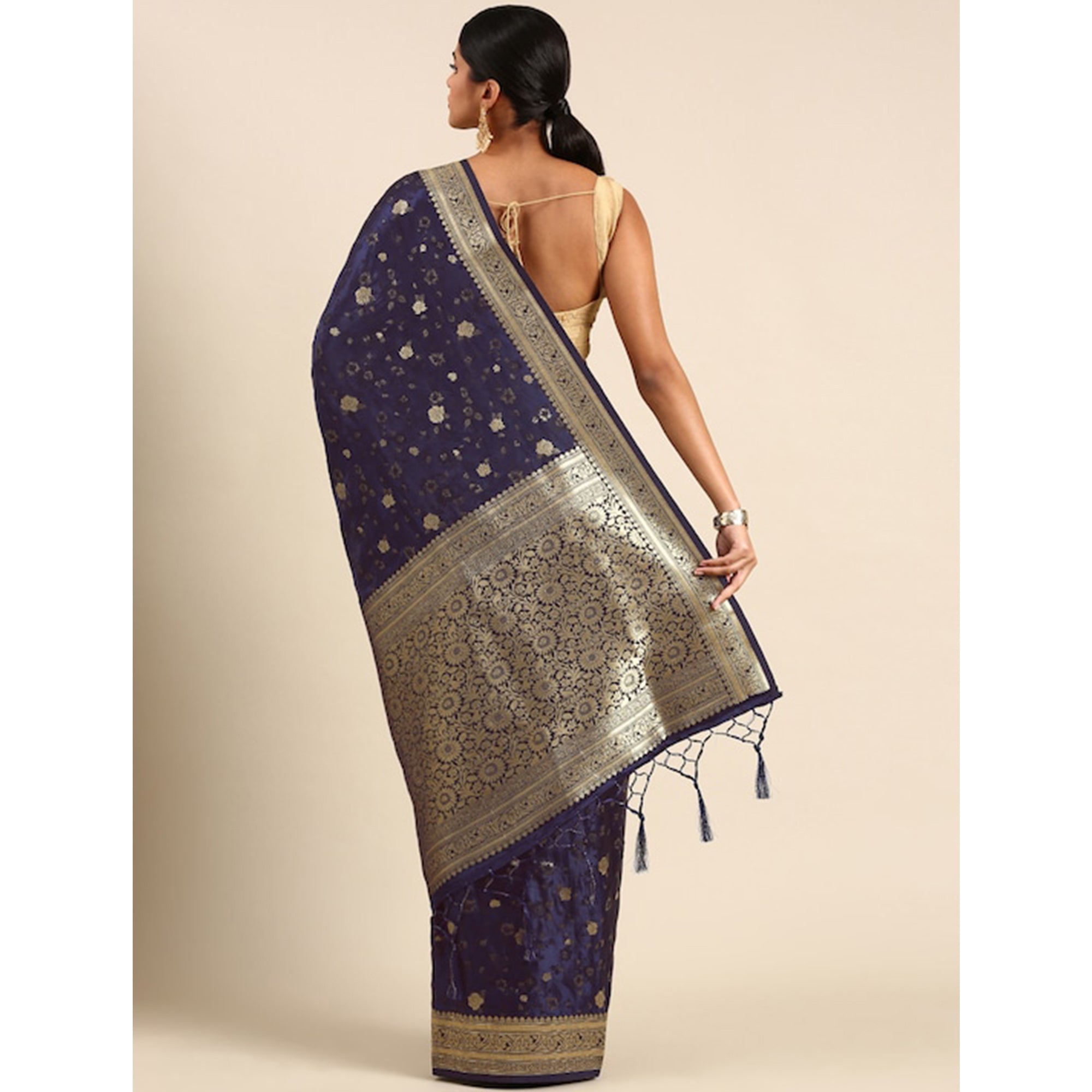 Navy Blue Woven Kanjivaram Silk Saree WithTassels