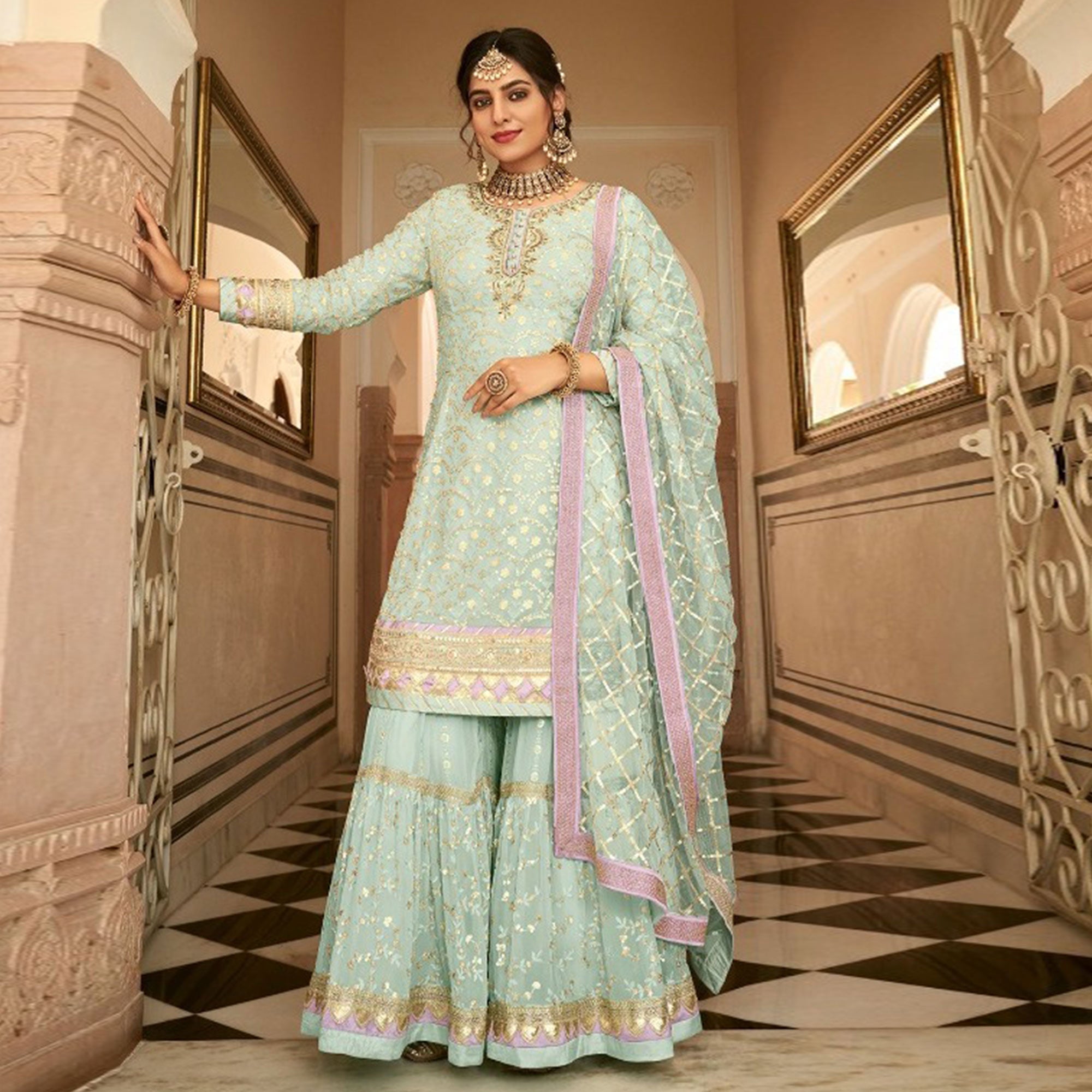 Green Woven Georgette Sharara Suit