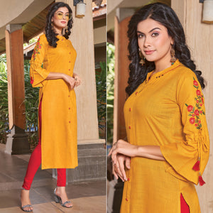 Mustard Floral Embroidered Rayon Kurti