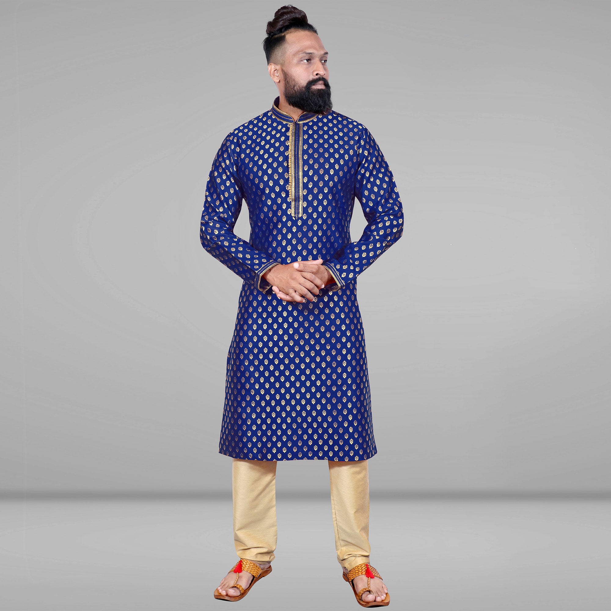 Blue Woven Jacquard Kurta Pyjama Set