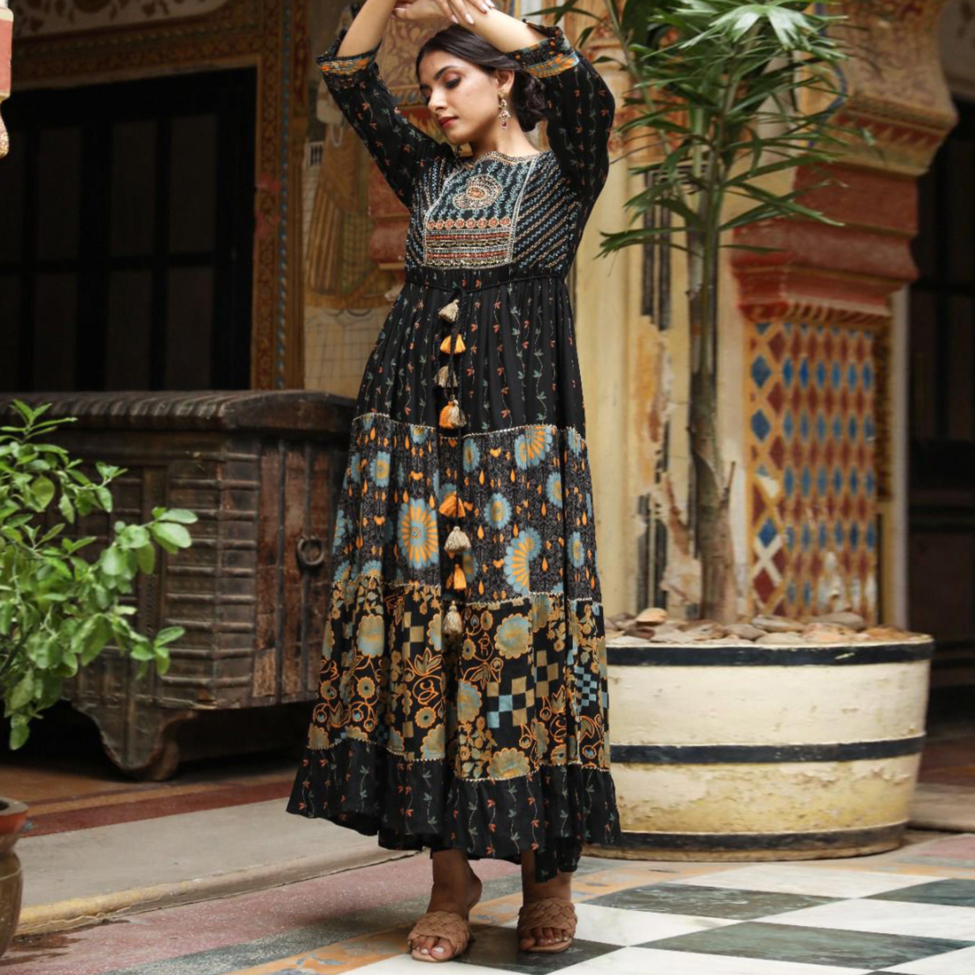 Black Floral Printed With Gota Patti Work Rayon Gown