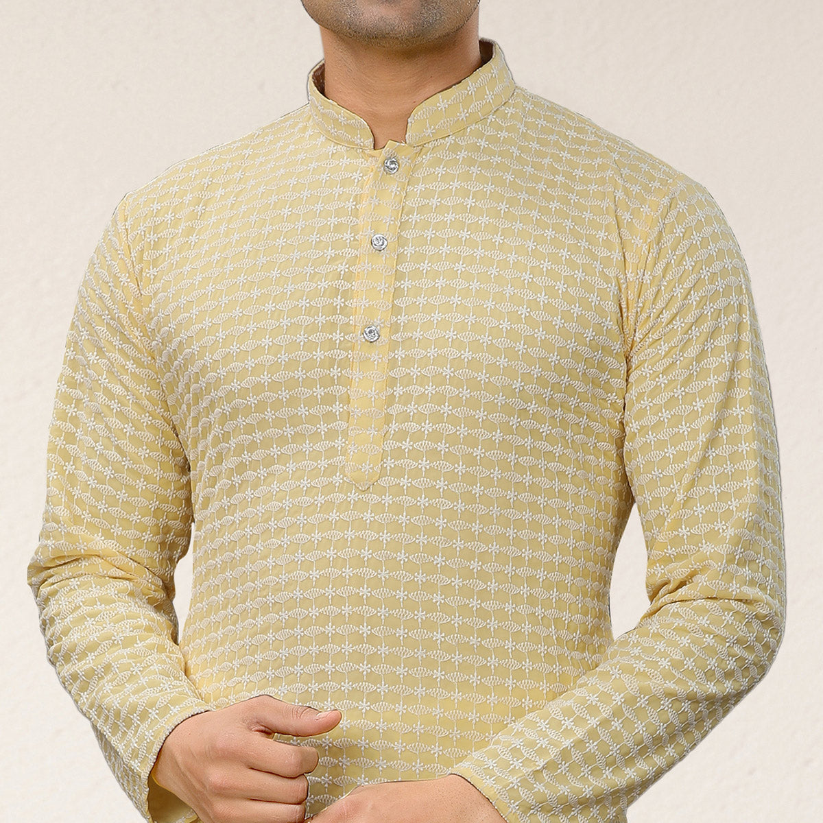 Yellow Lucknowi Embroidered Georgette Kurta Pyjama Set