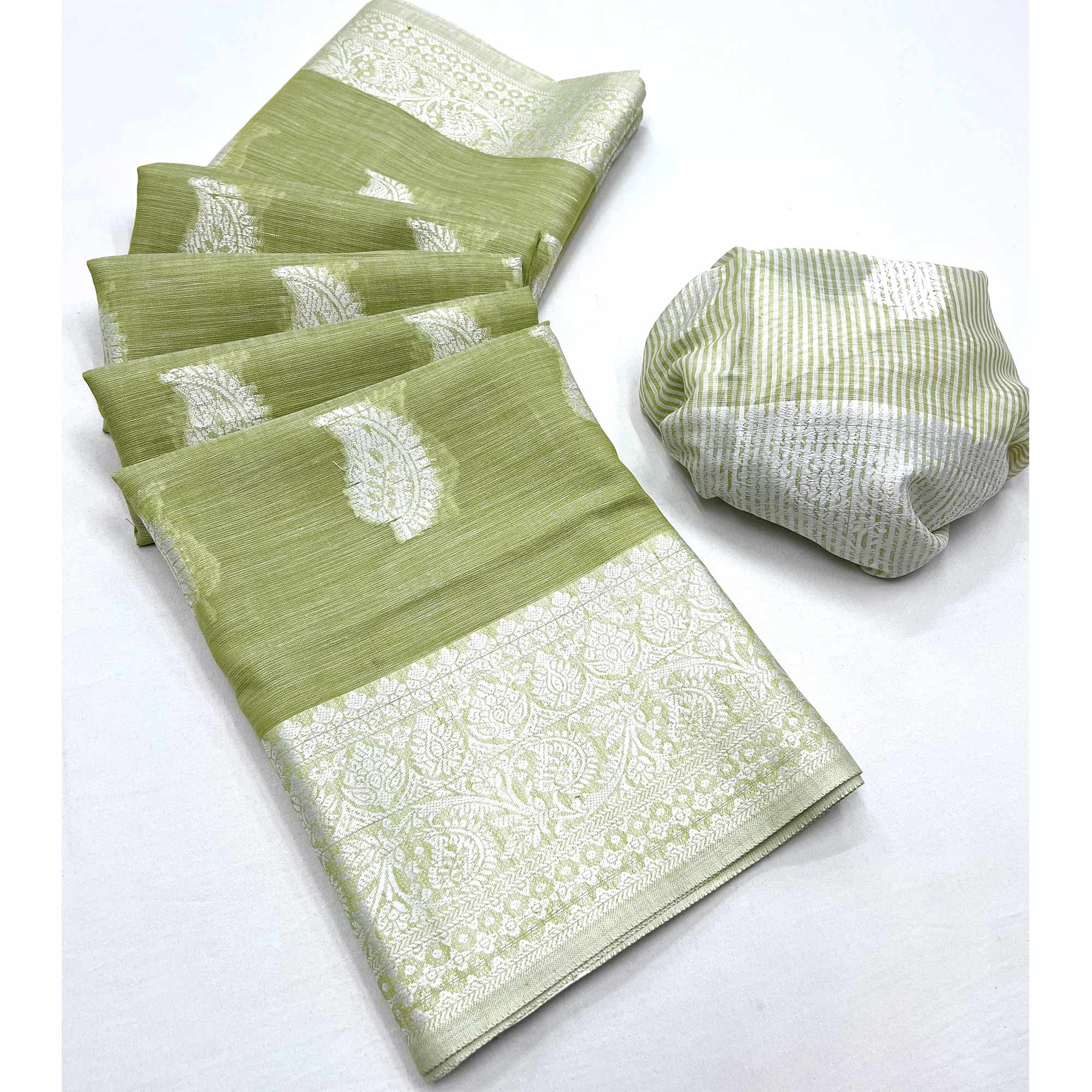 Pista Green Woven Linen Saree