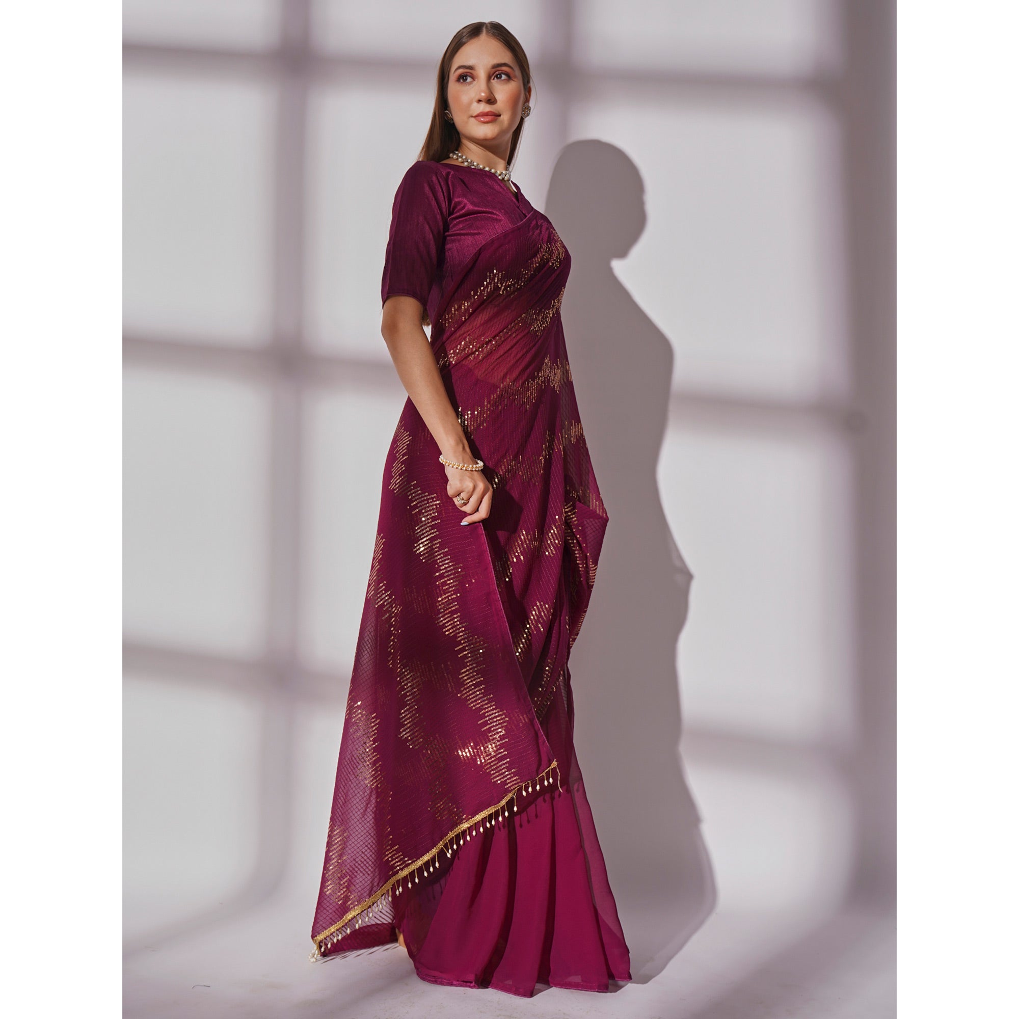 Wine Sequins Embroidered Georgette Saree