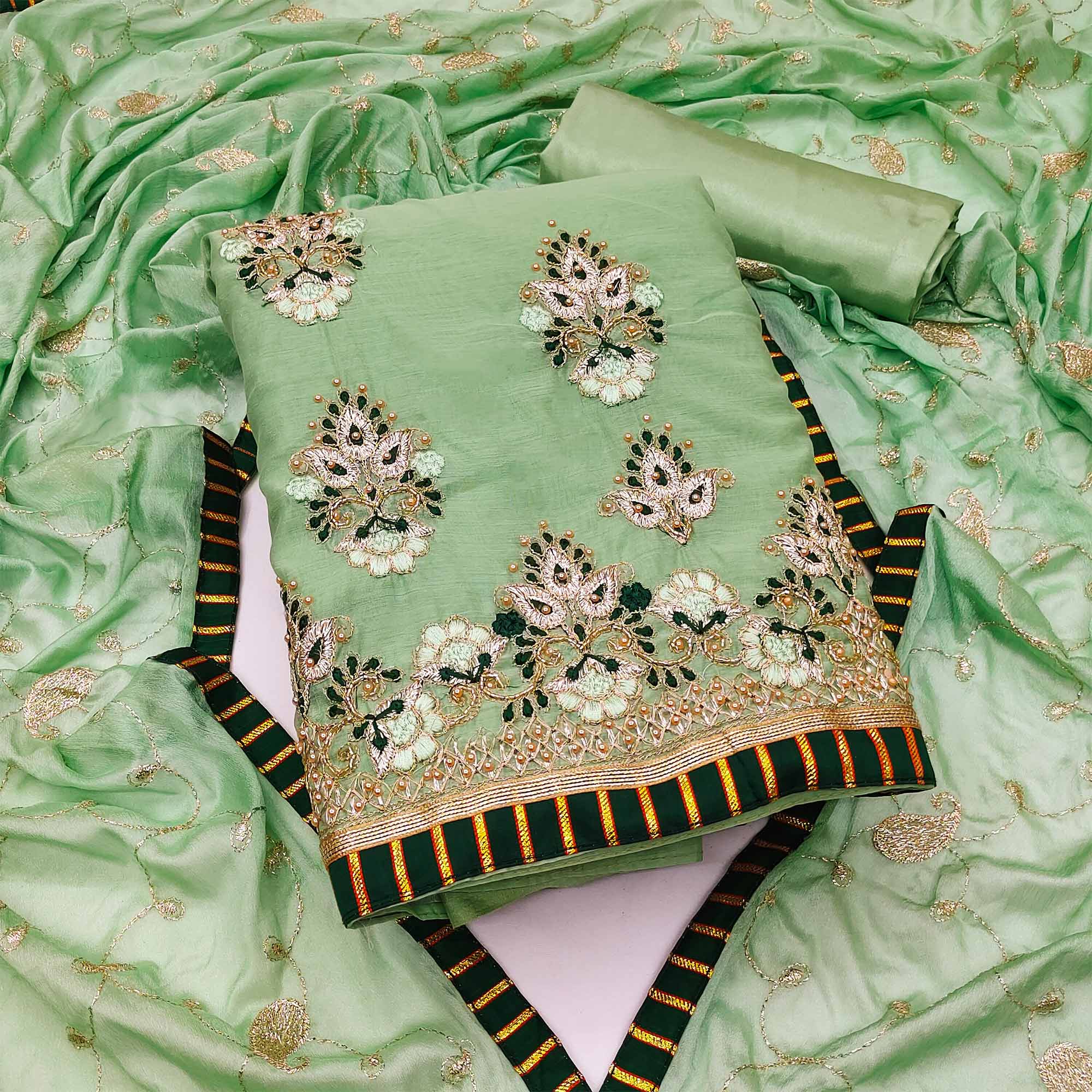 Green Floral Embroidered Modal Dress Material