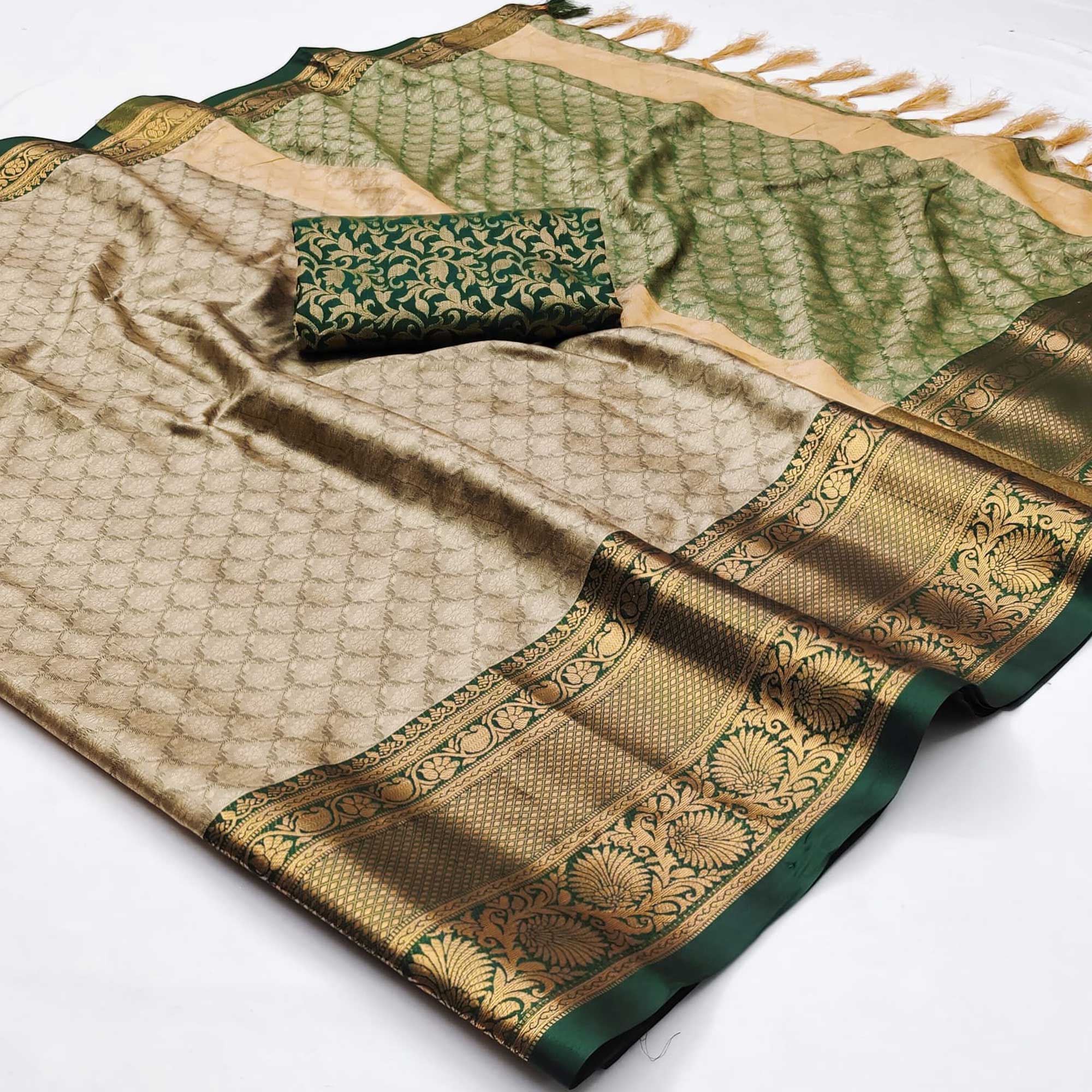 Chikoo Green Printed And Woven Cotton Silk Saree With Tassels