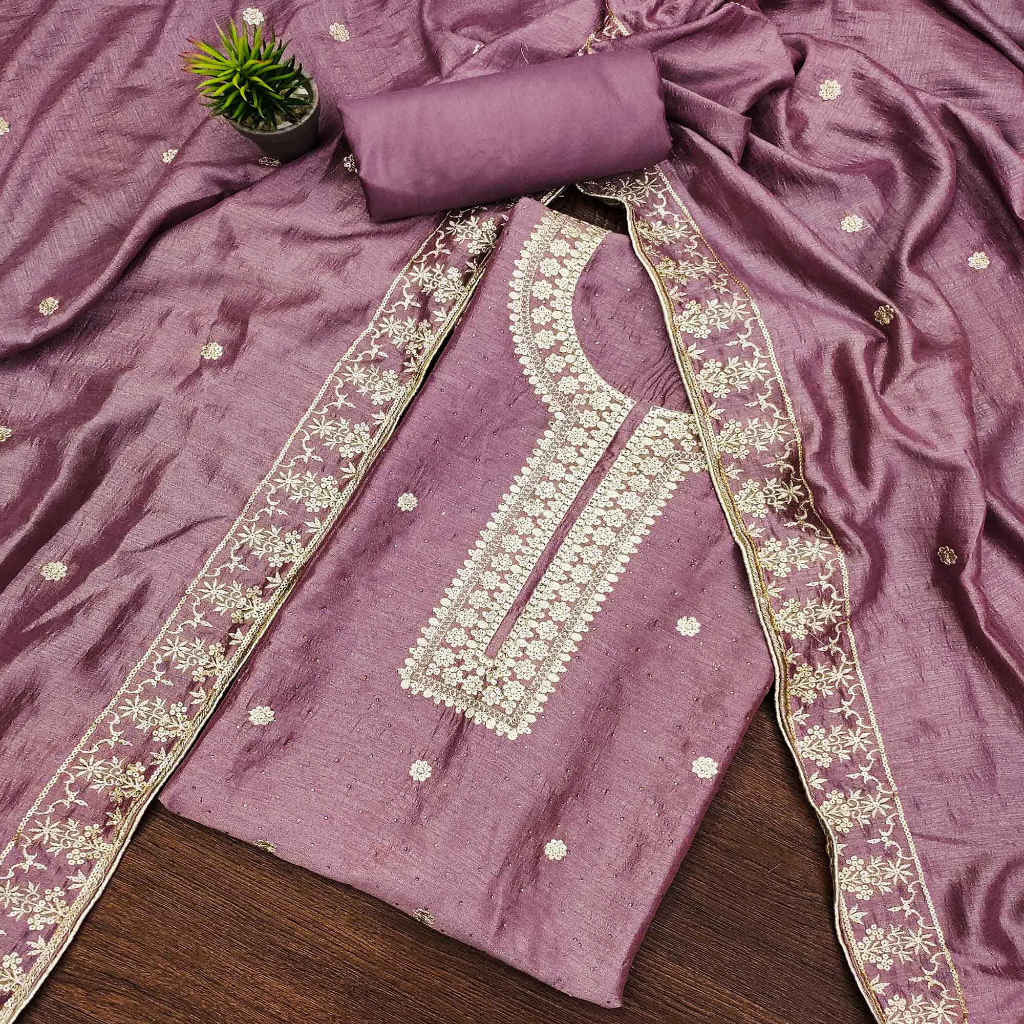 Mauve Floral Embroidered Modal Dress Material