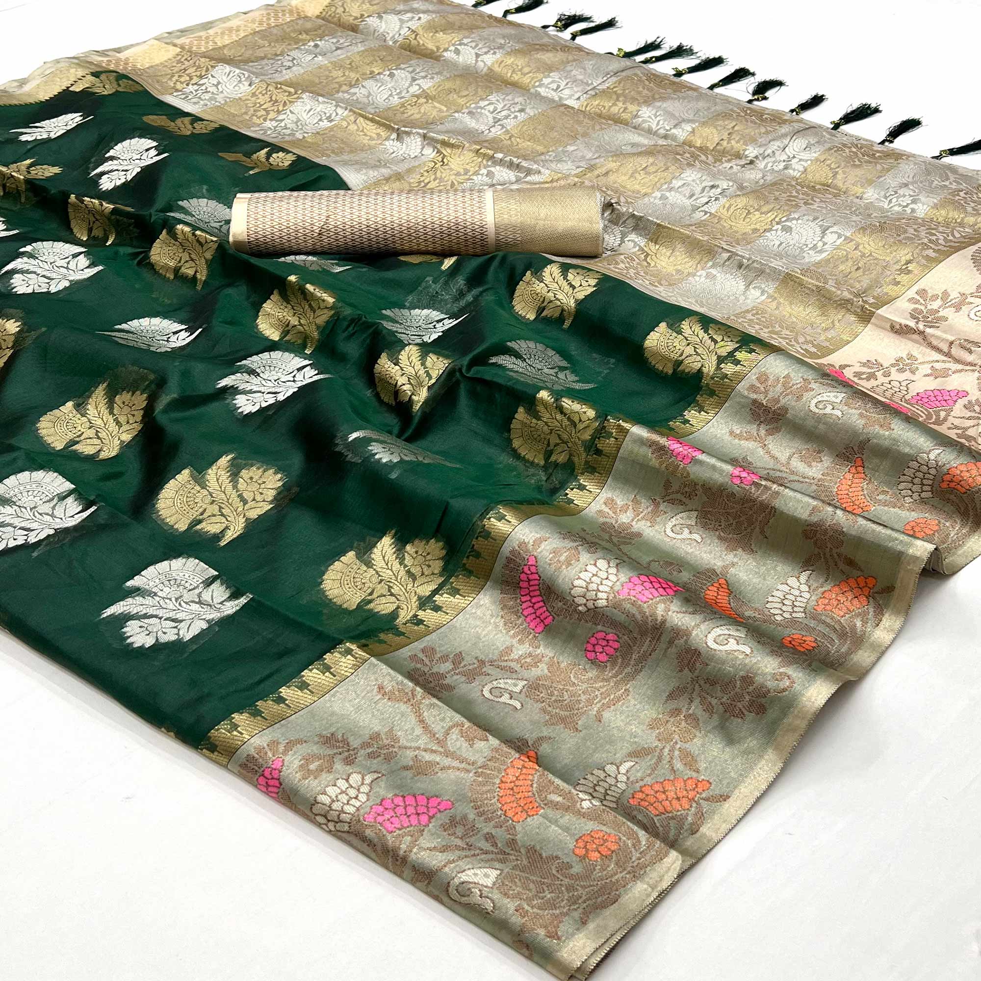 Bottle Green Floral Woven Organza Saree With Tassels
