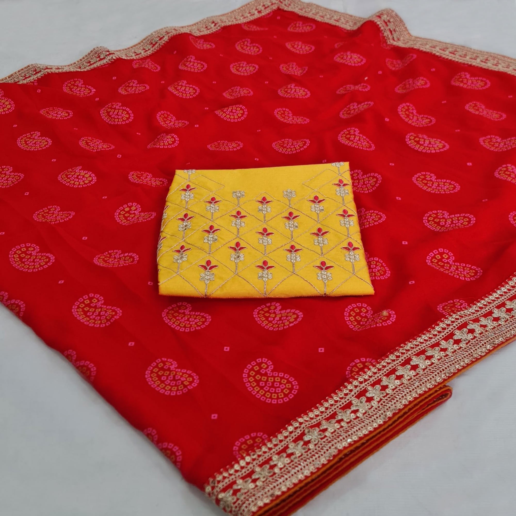 Red Bandhani Printed With Sequins Vichitra Silk Saree