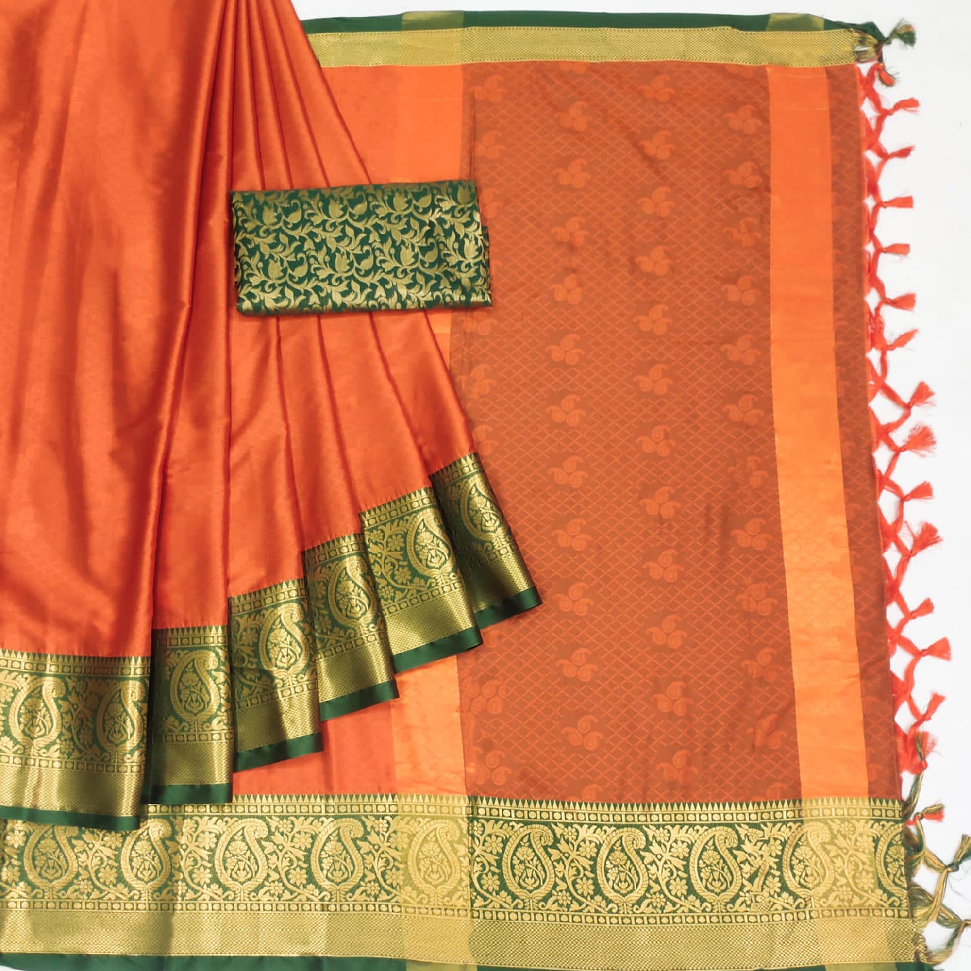 Orange Woven Cotton Silk Saree With Tassels