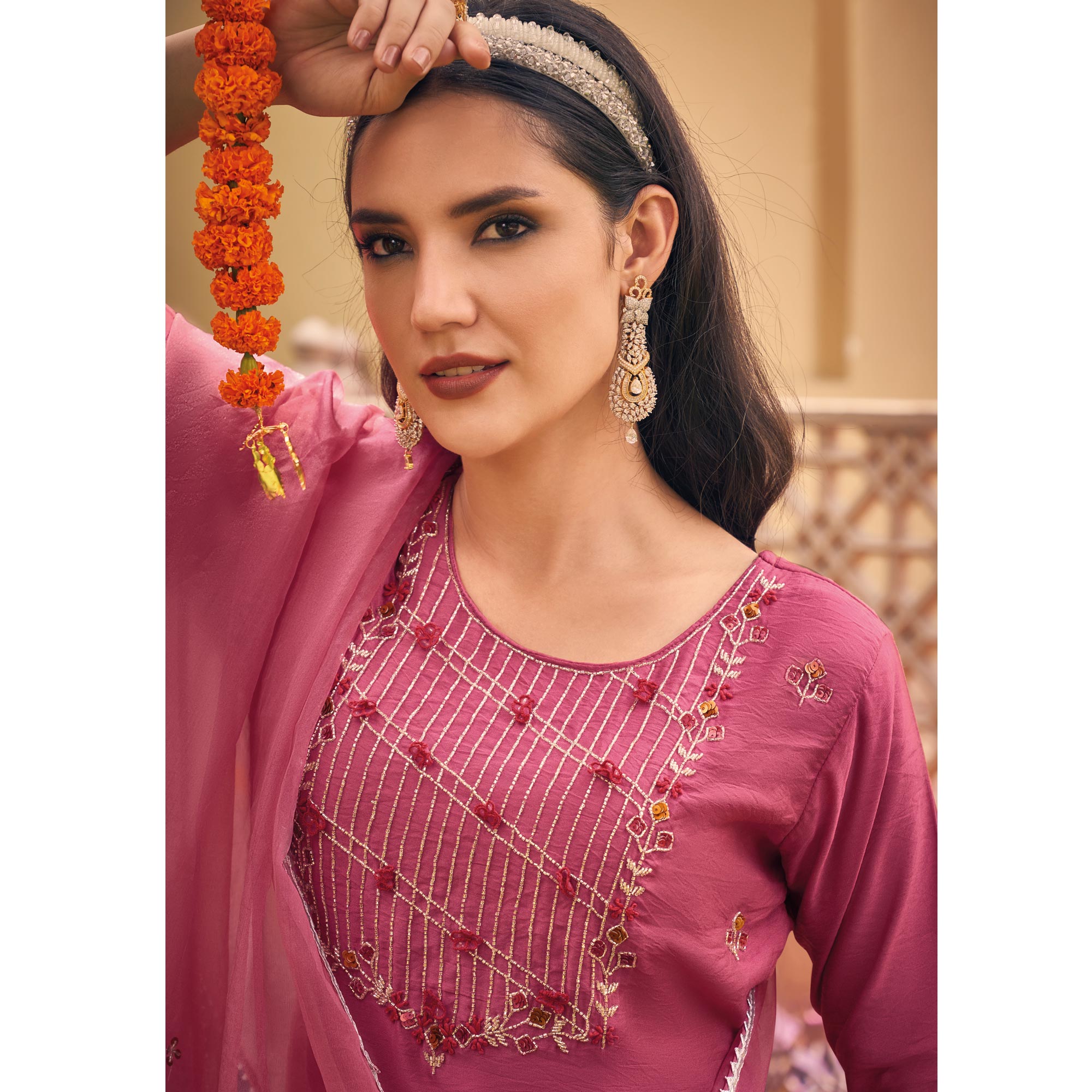 Pink Embellished Viscose Salwar Suit