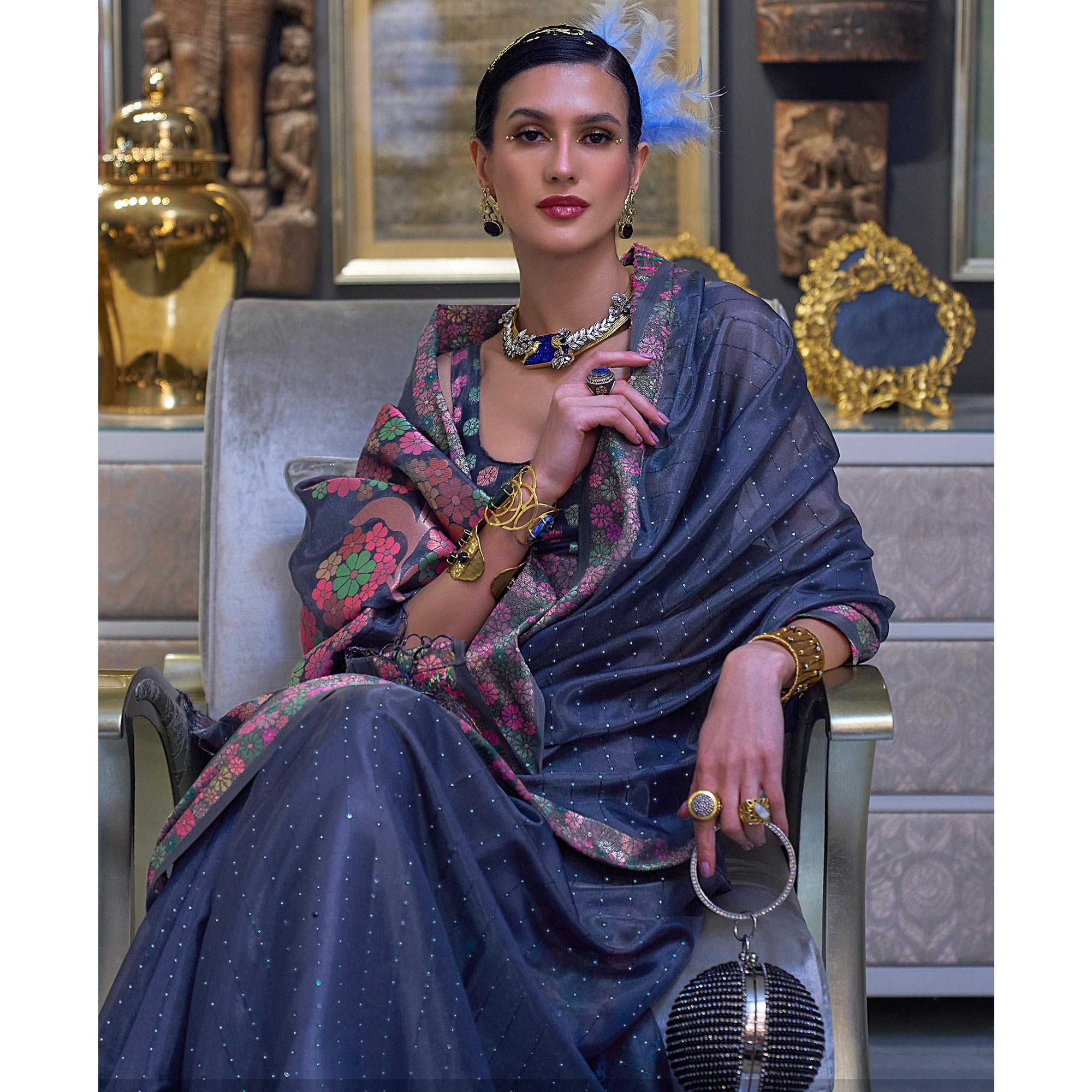 Blue Woven With Sequins Work Organza Saree