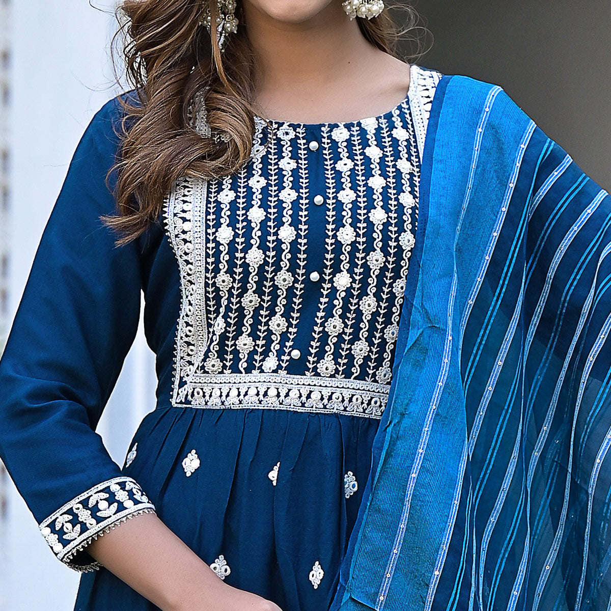 Blue Embroidered Rayon Naira Cut Suit