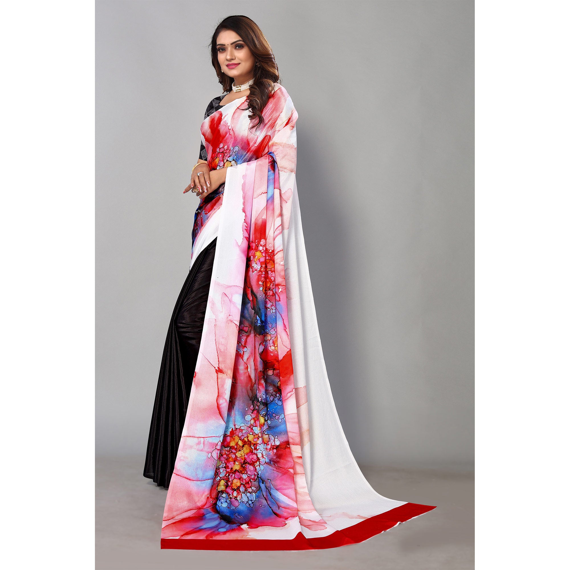 Black And White Digital Printed Chiffon Half & Half Saree