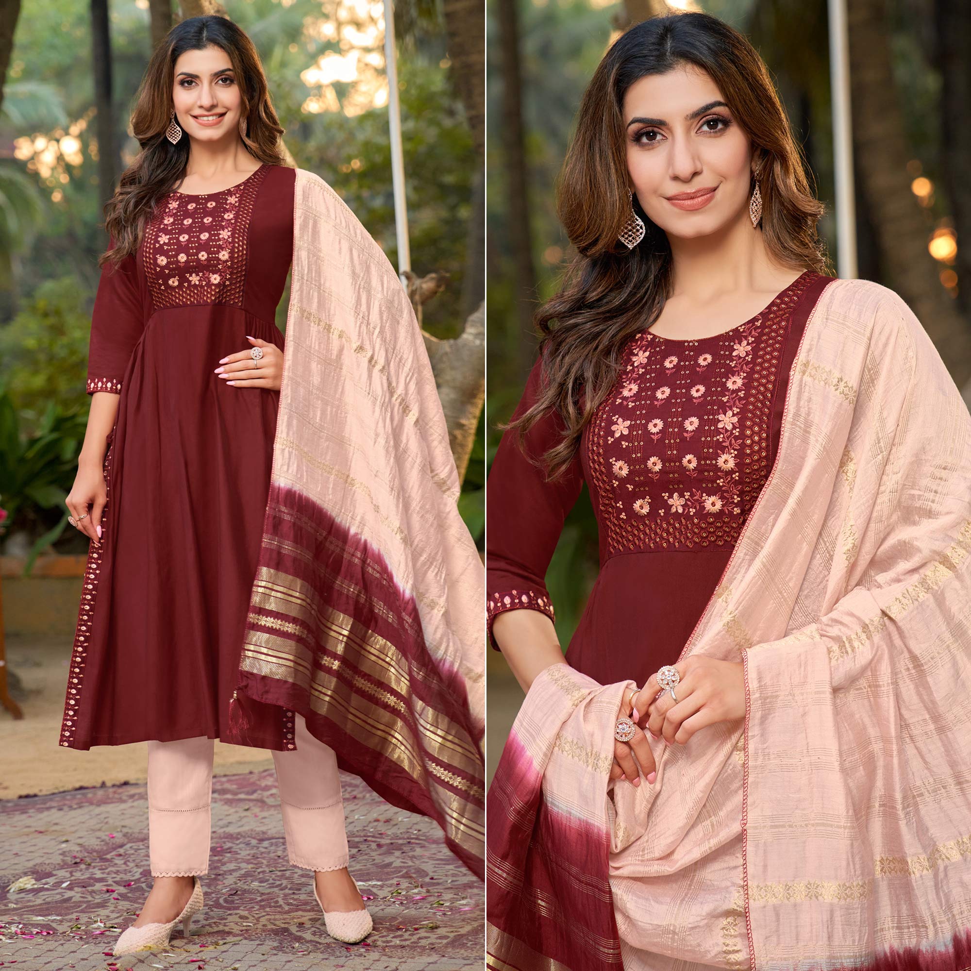 Maroon Floral Embroidered Pure Silk Naira Cut Suit