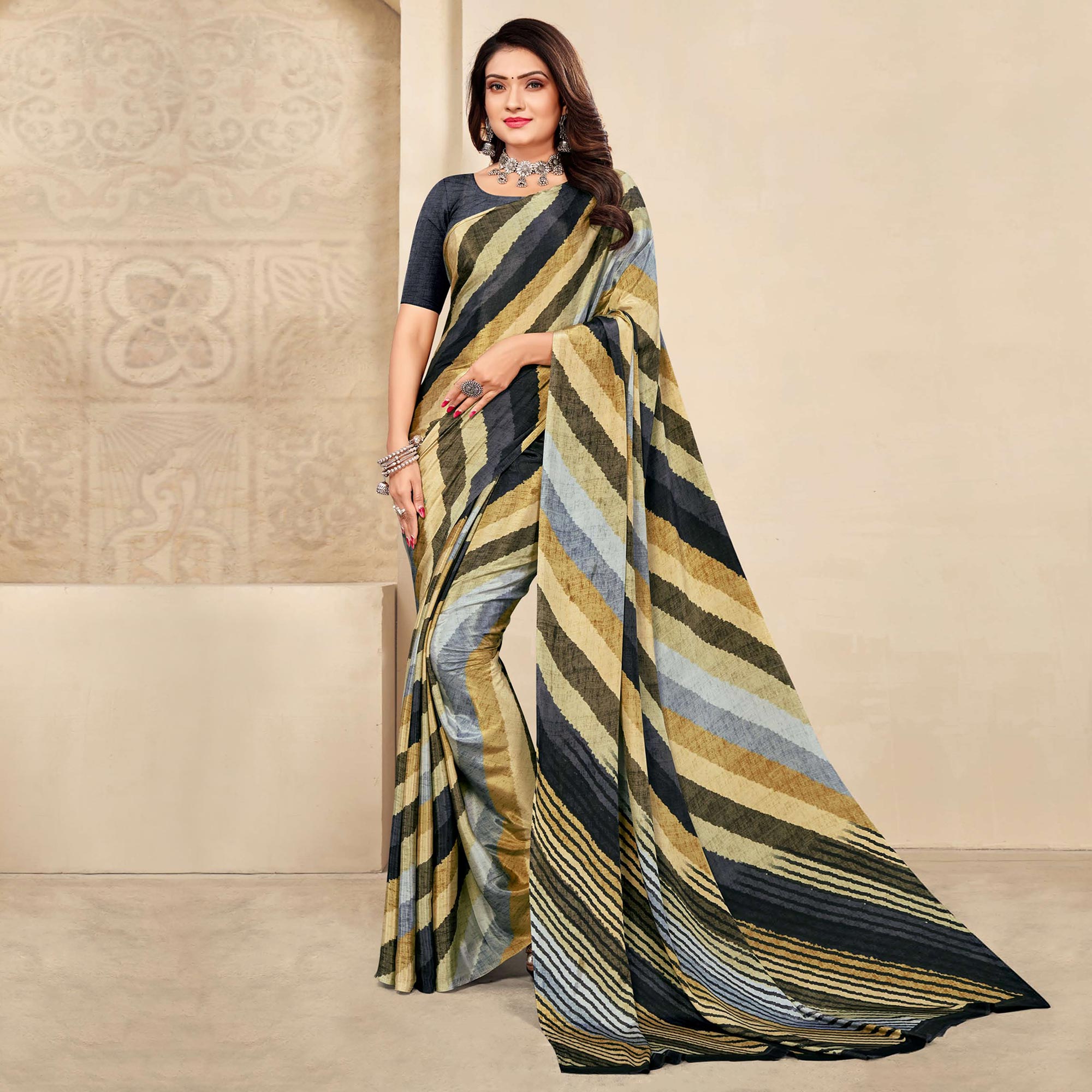 Multicolor Striped Printed Crepe Saree