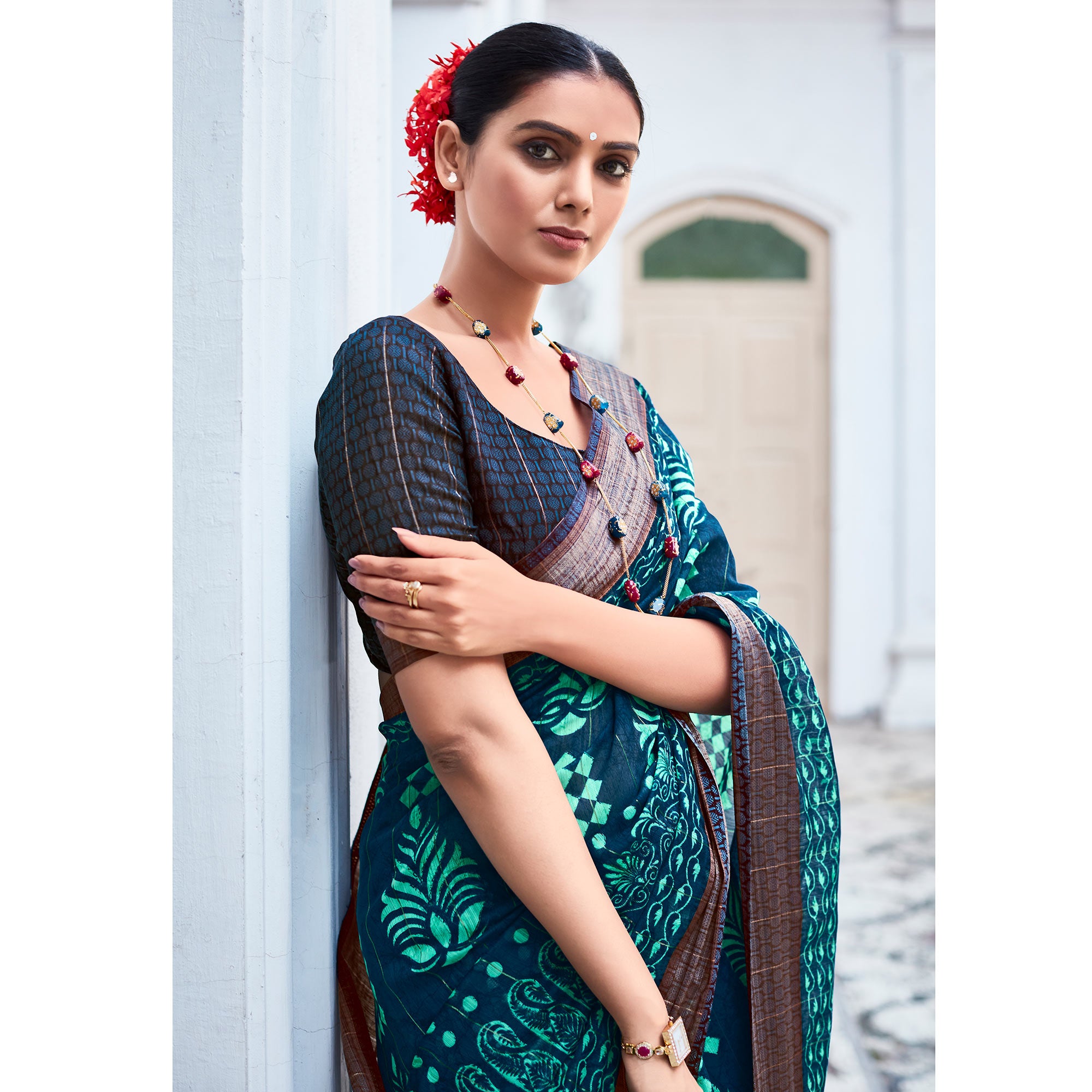 Blue & Green Printed With Woven Border Cotton Saree