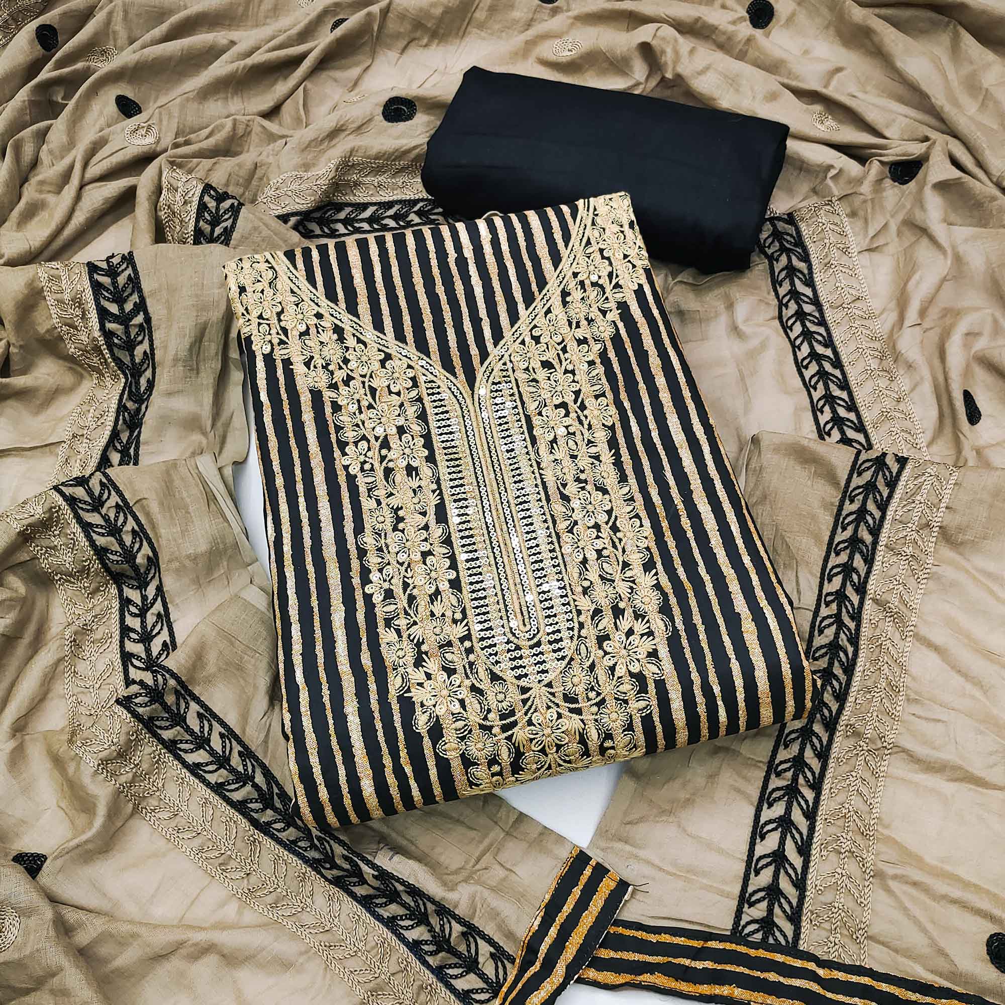 Black Printed With Sequins Embroidered Pure Cotton Dress Material