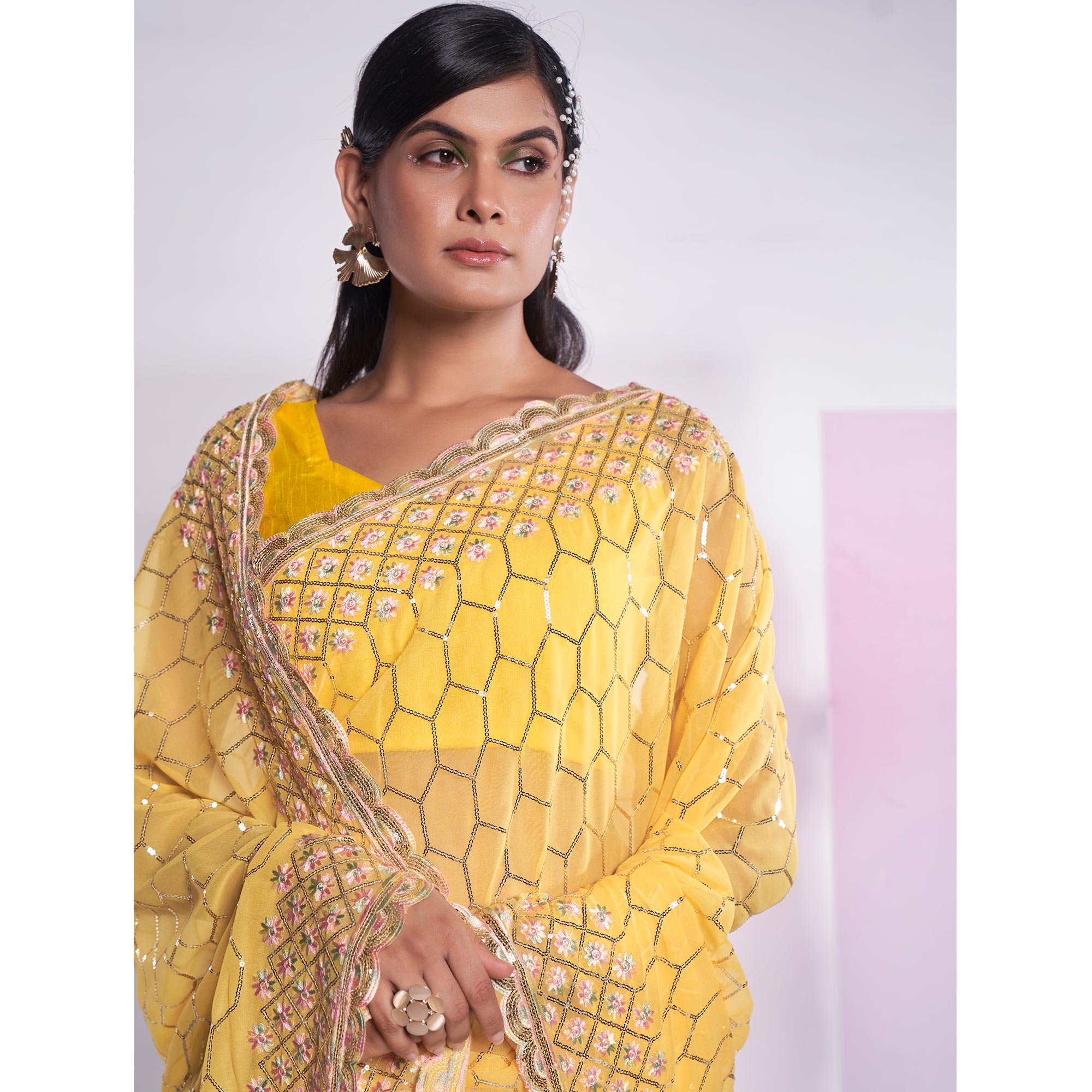 Yellow Sequins Embroidered Georgette Saree