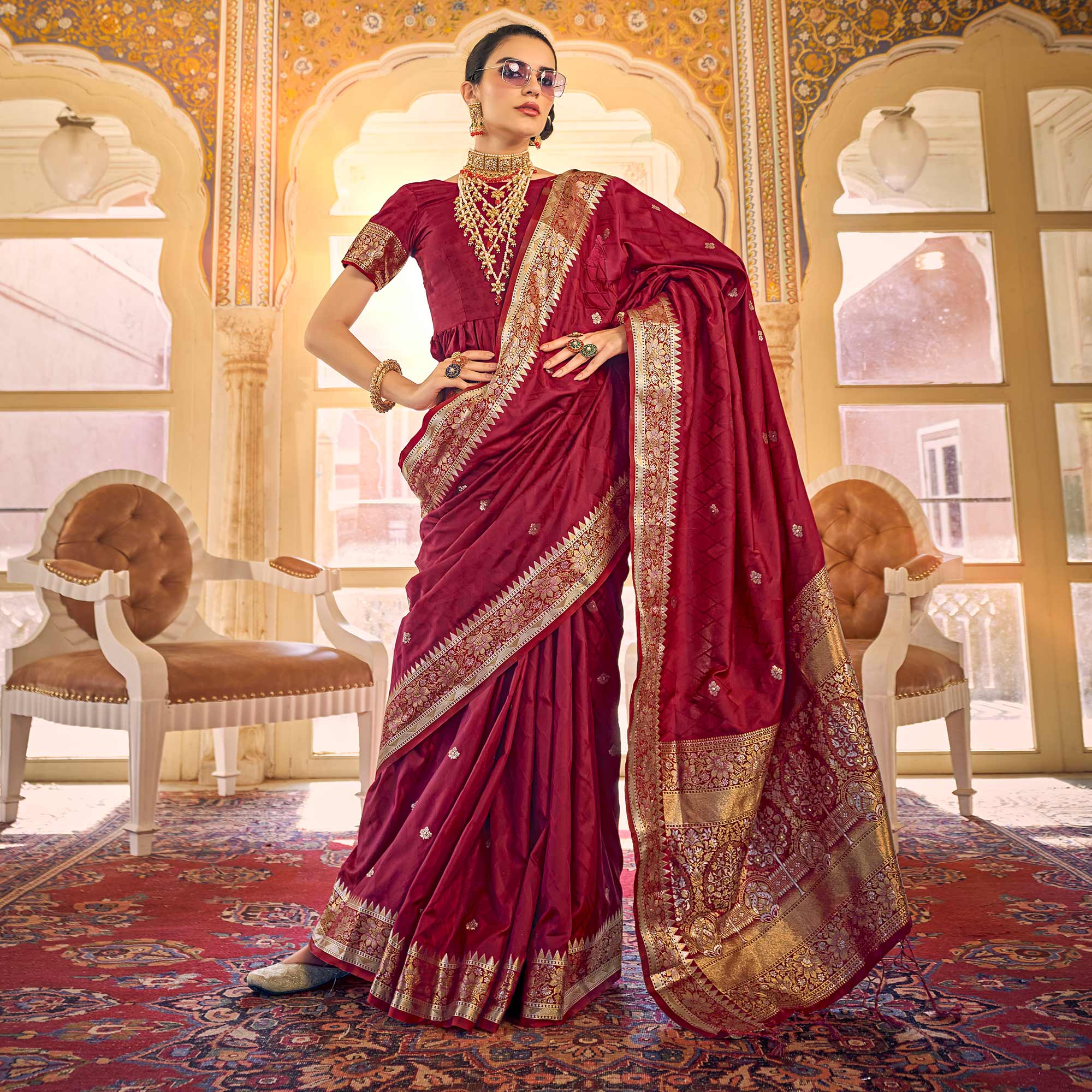 Maroon Woven Satin Saree