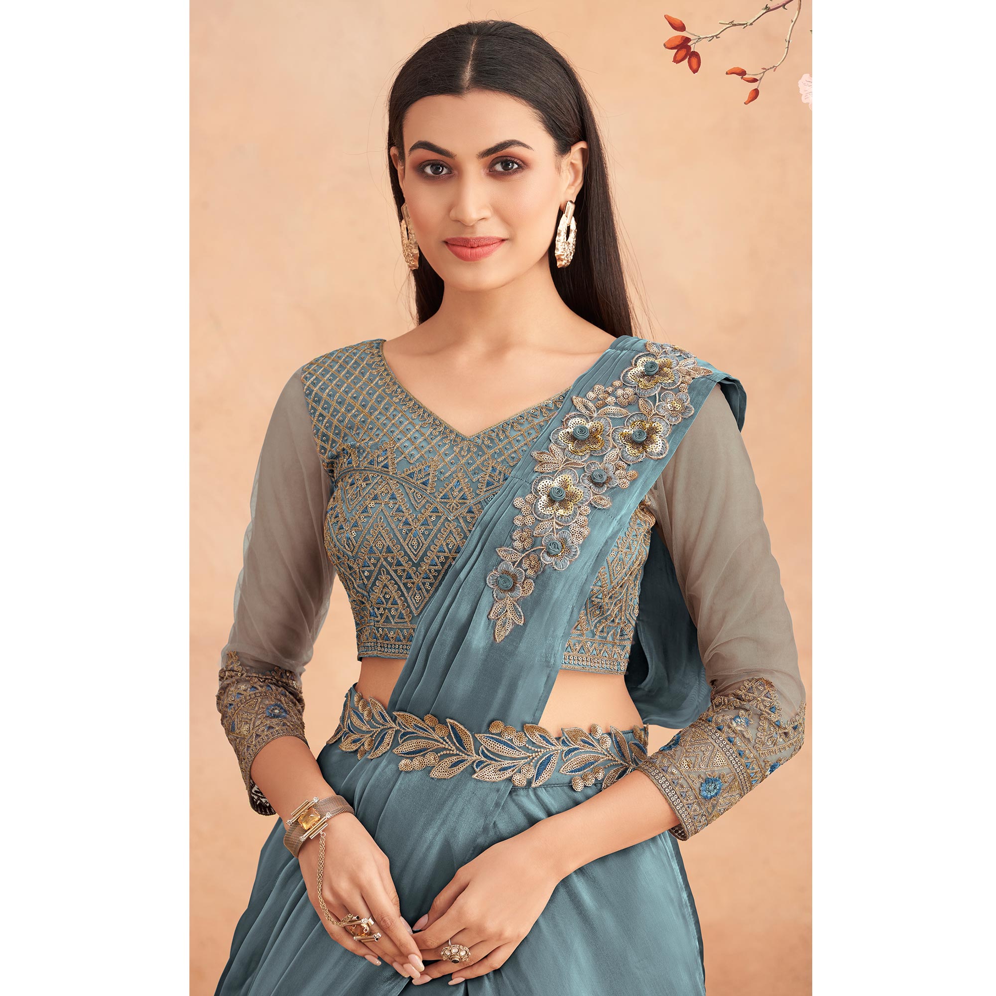 Grey Sequins Embroidered Ready to Wear Art Silk Saree