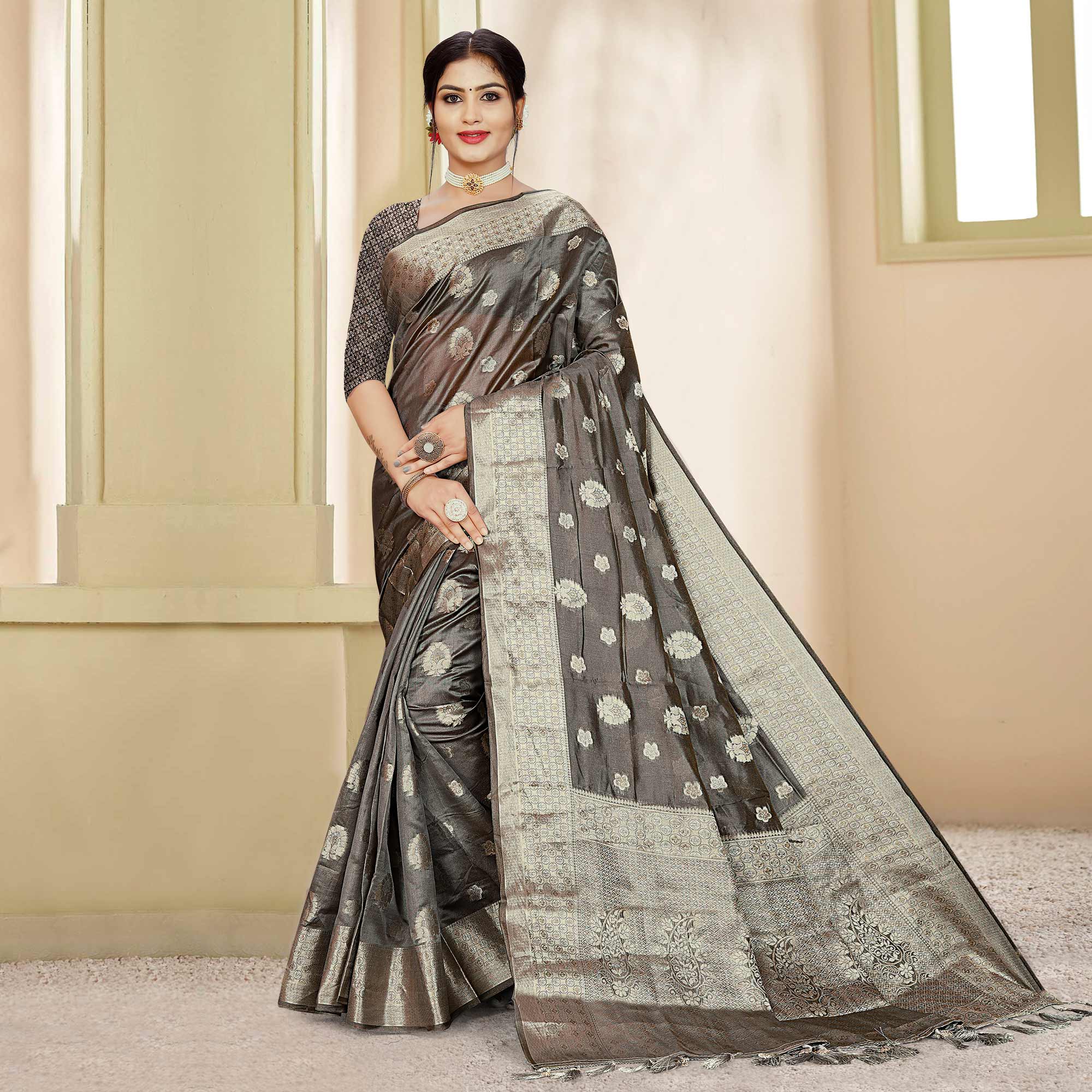 Grey Floral Woven Organza Saree