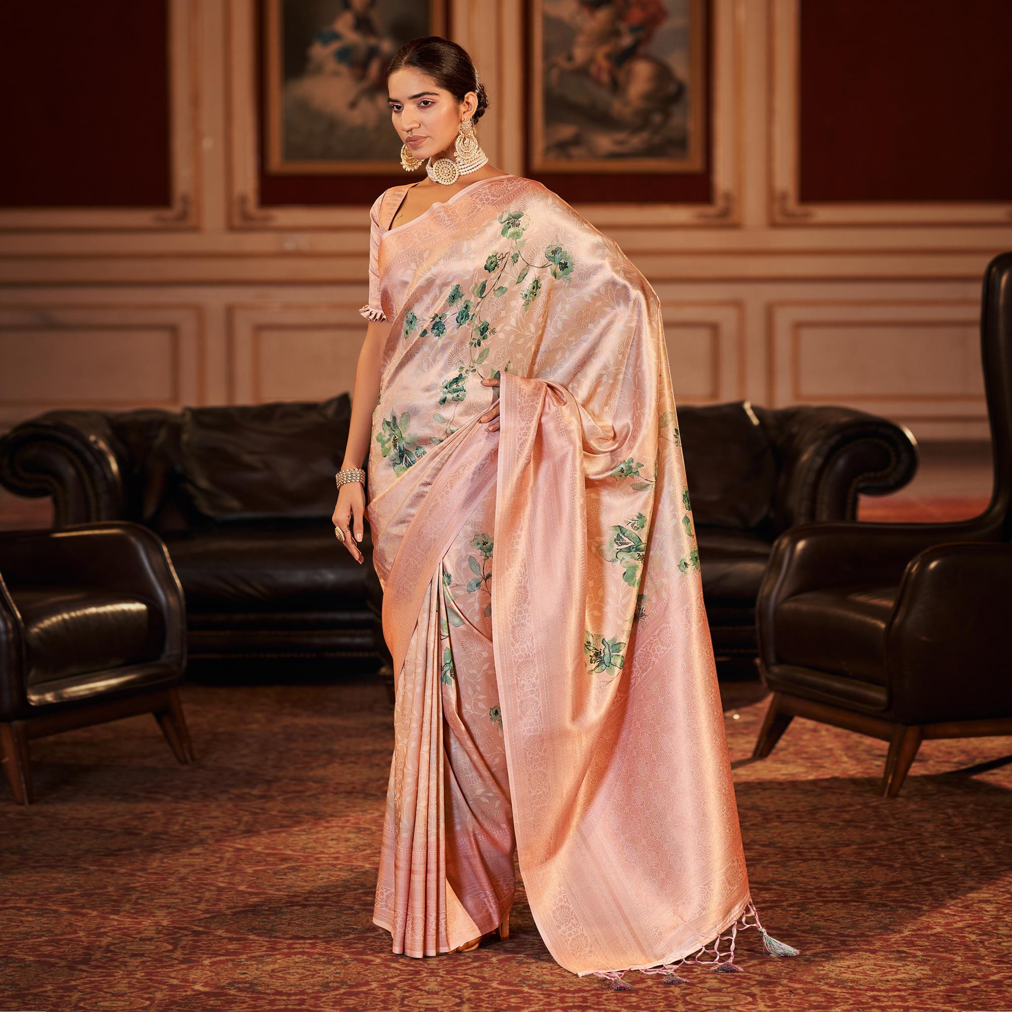 Light Peach Woven Jacquard Saree With Tassels