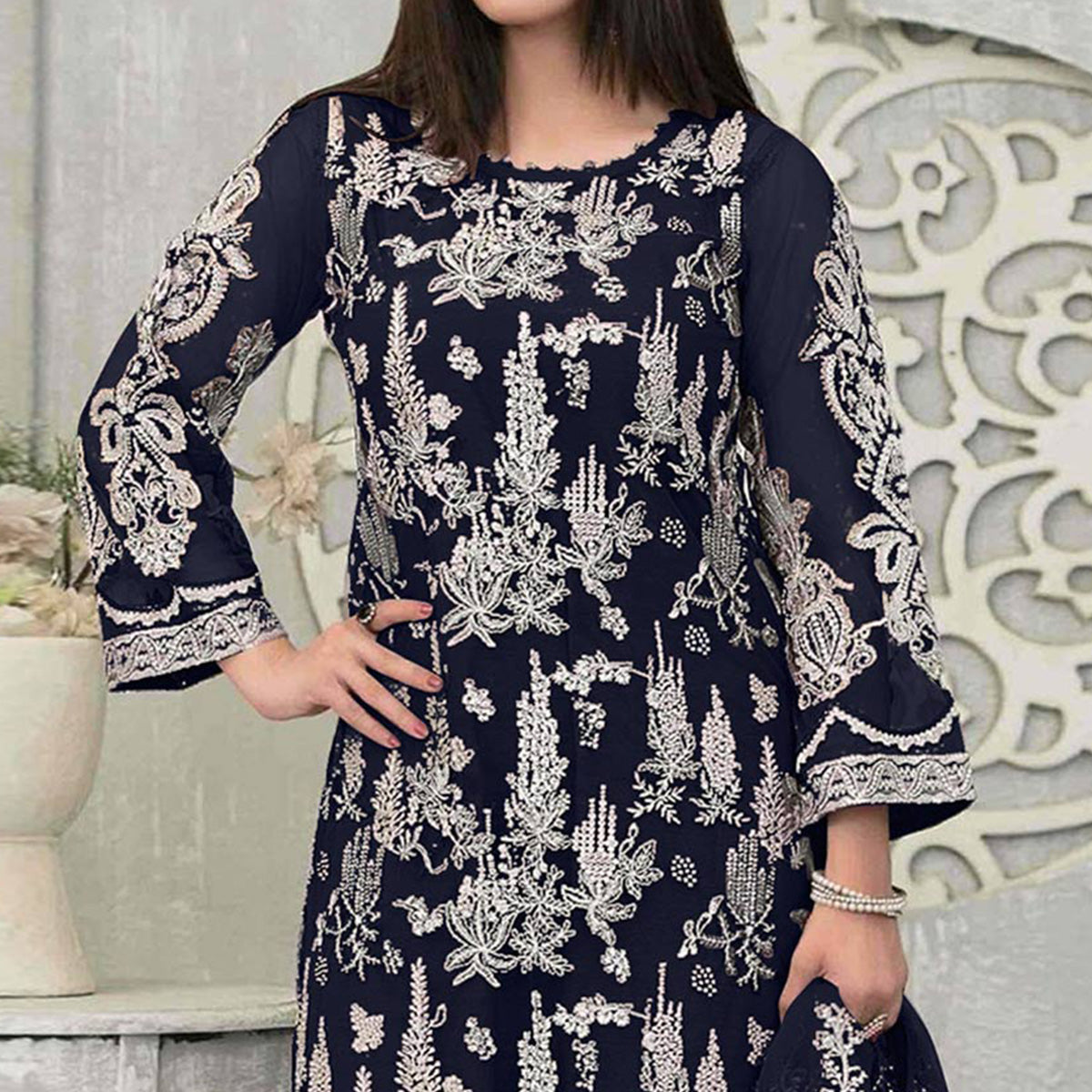 Navy Blue Floral Embroidered Georgette Pakistani Suit