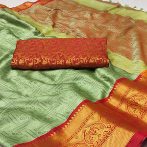 Pista Green Woven Cotton Silk Saree With Tassels