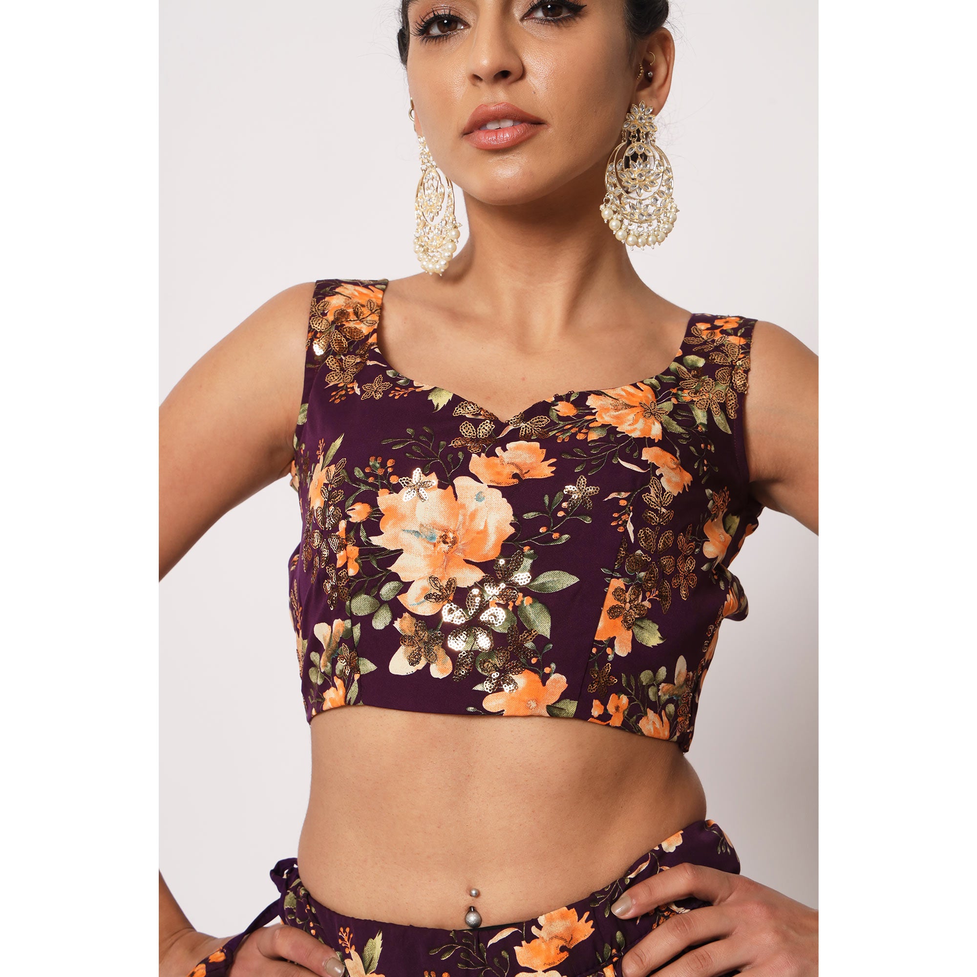 Wine Floral Printed Art Silk Lehenga Choli