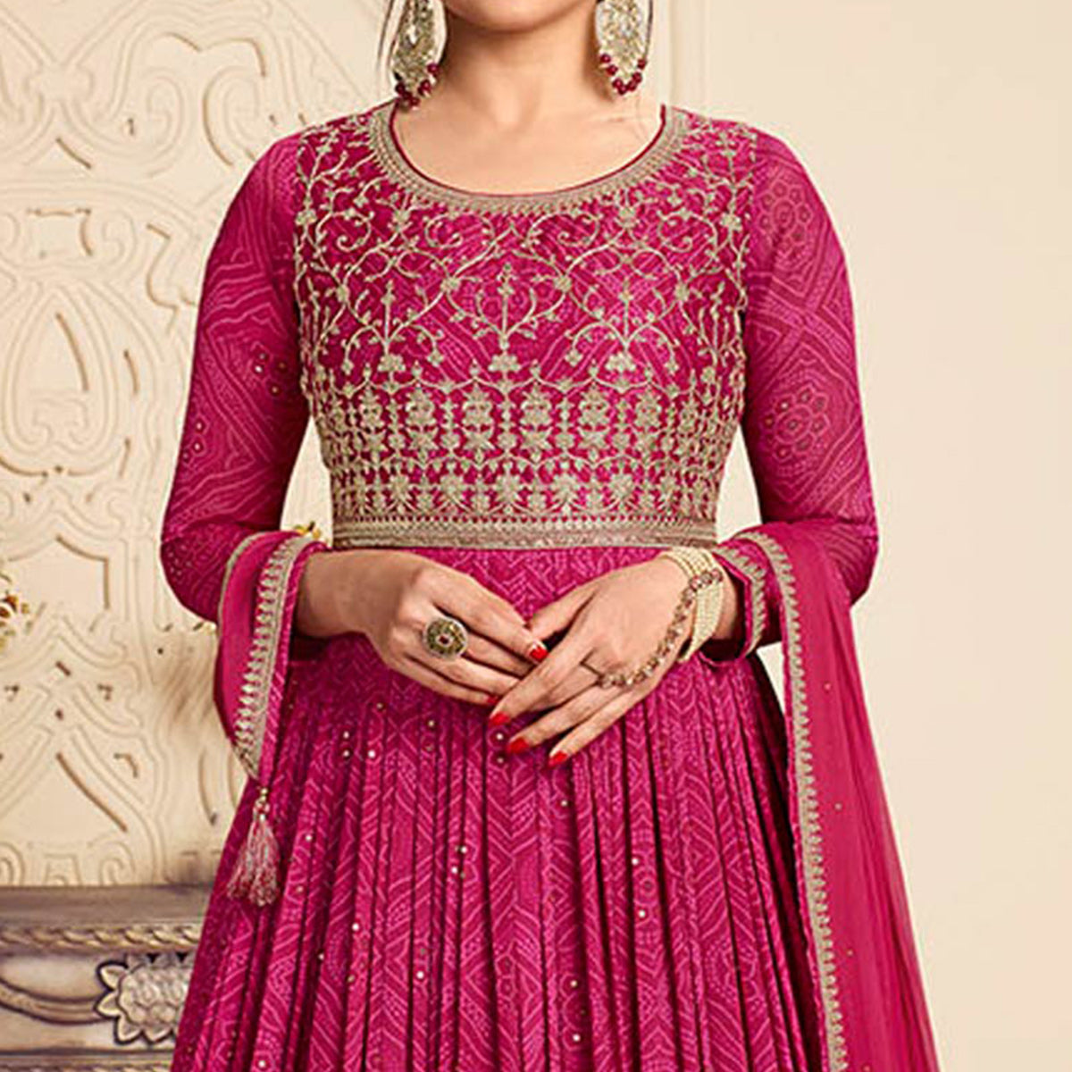 Pink Printed With Embroidered Chiffon Gown