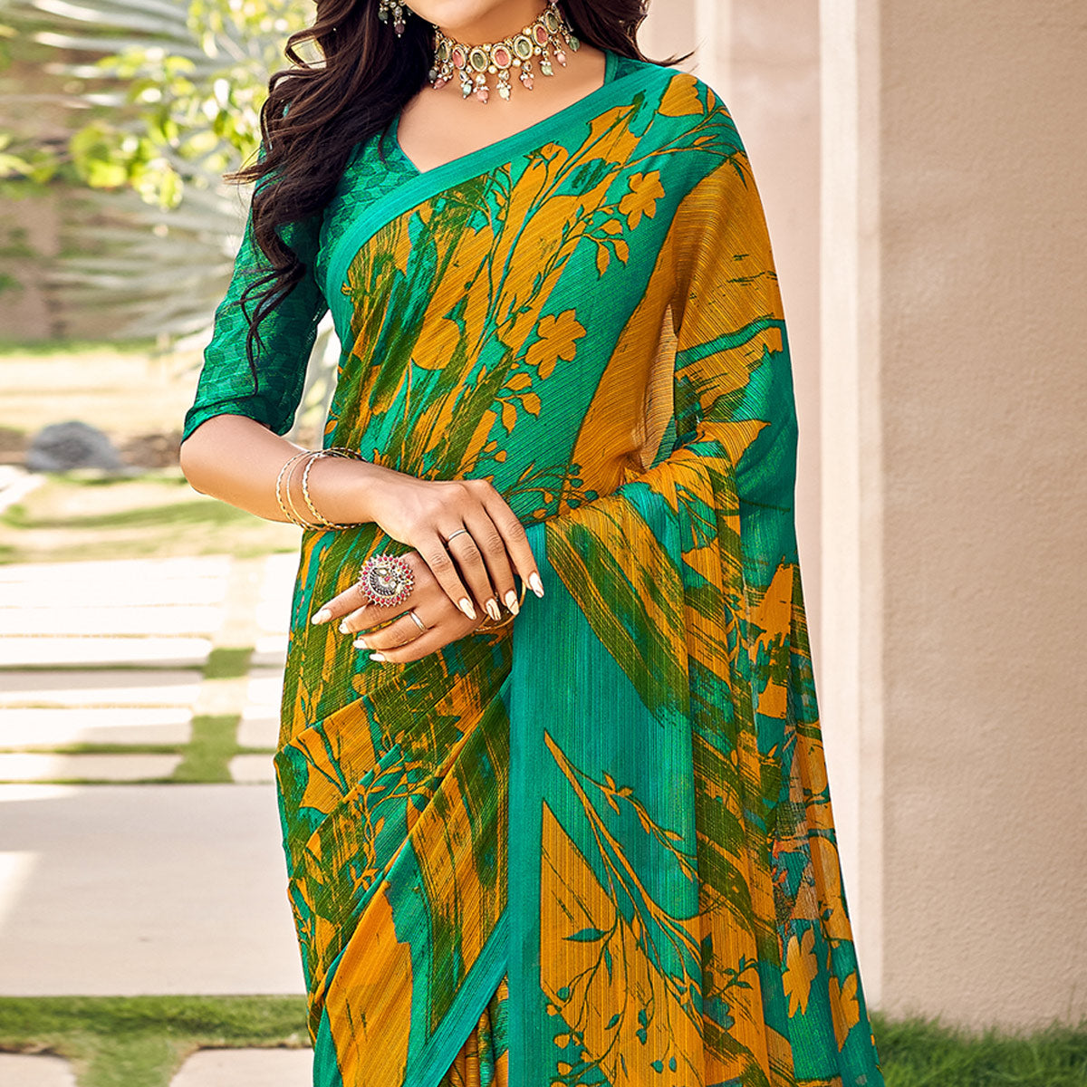 Green Mustard Printed Chiffon Saree