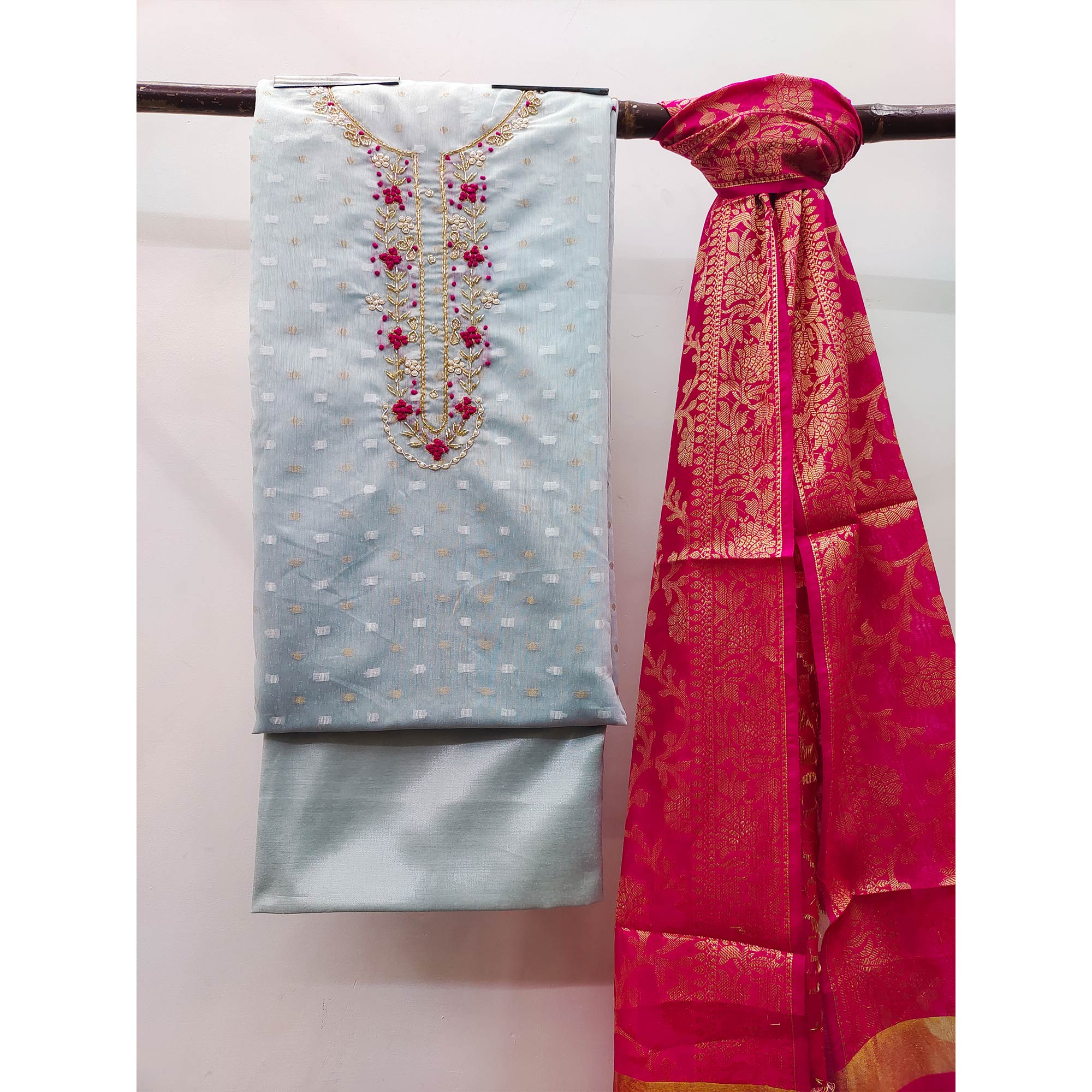 Pastel Blue Woven Banarasi Silk Dress Material