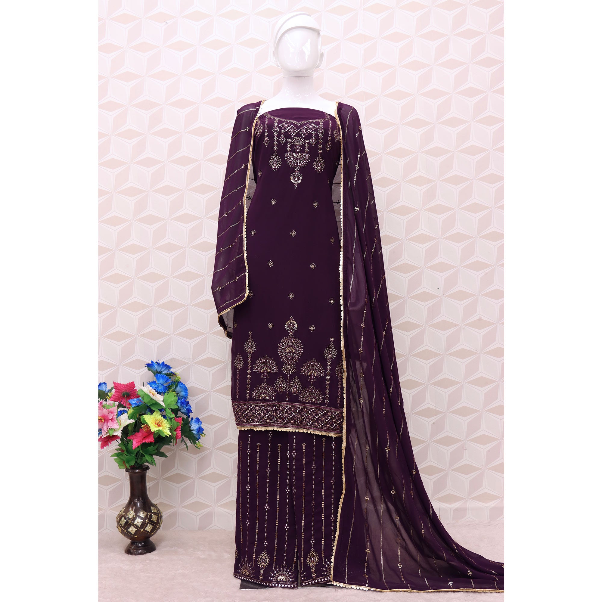 Purple Sequins Embroidered Georgette Sharara Suit