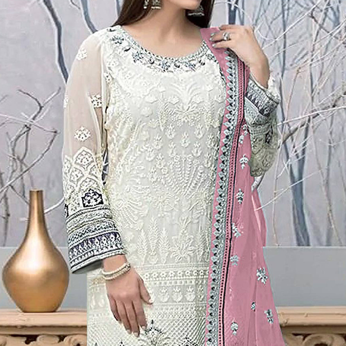 White Embroidered Georgette Pakistani Suit