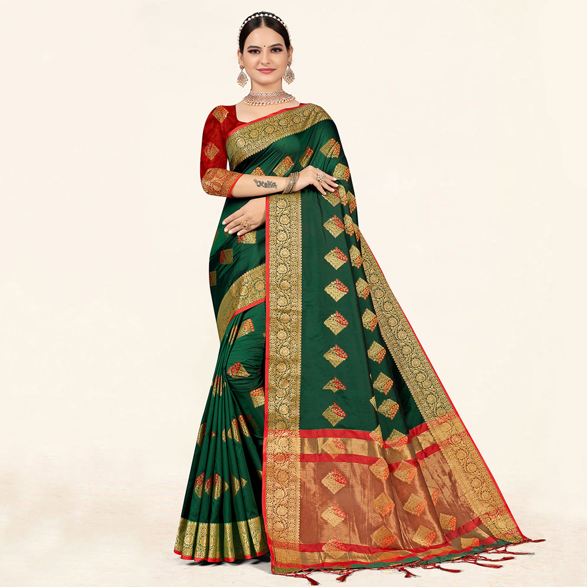 Green Woven Art Silk Saree With Tassels