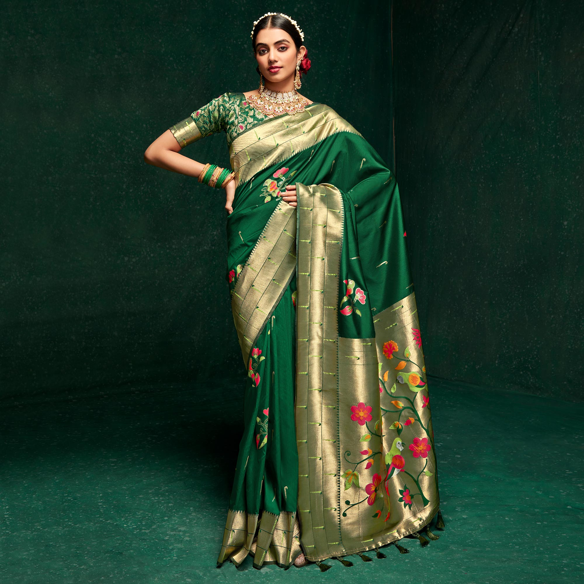 Green Woven Pure Silk Paithani Saree With Tassels