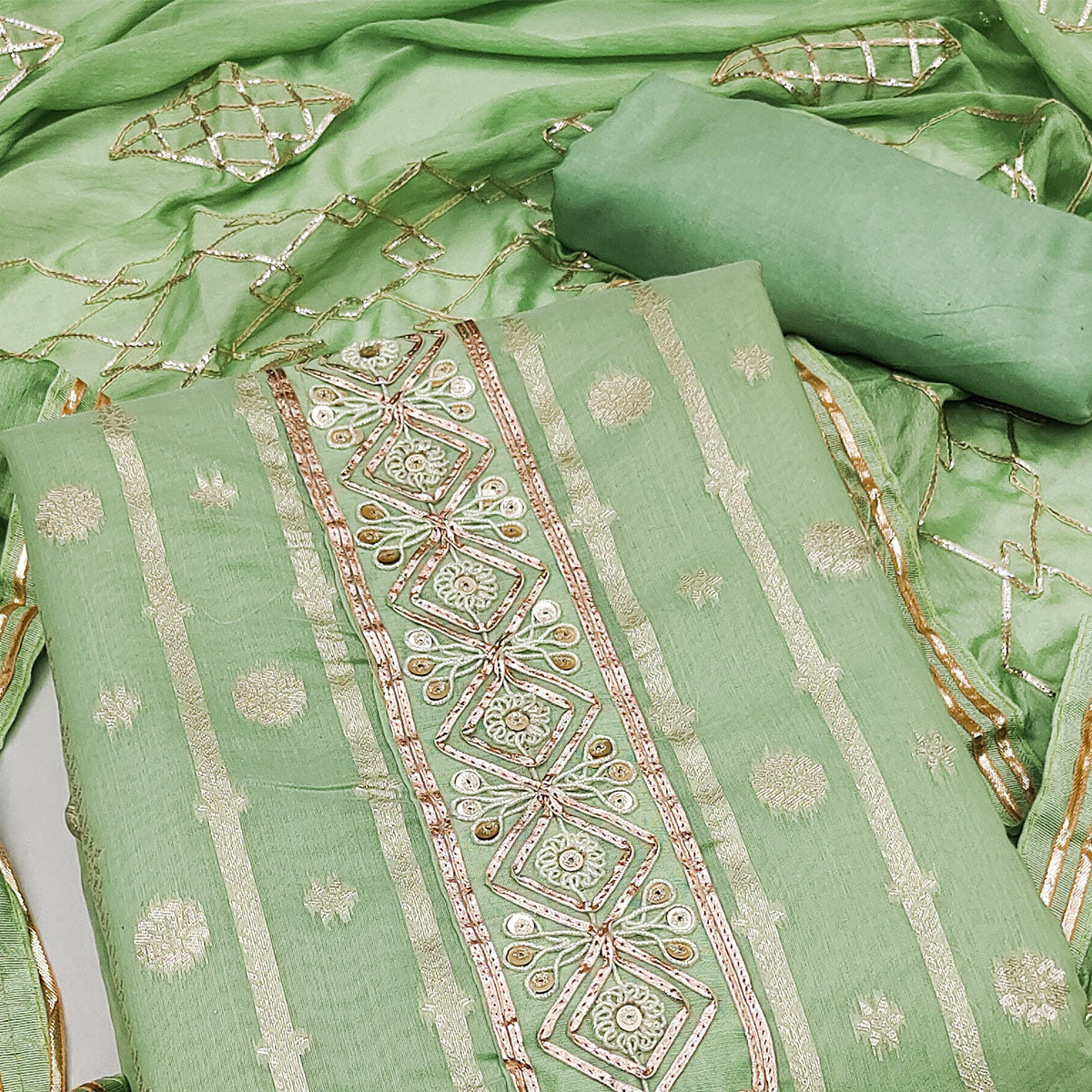 Green Floral Woven Banarasi Silk Dress Material