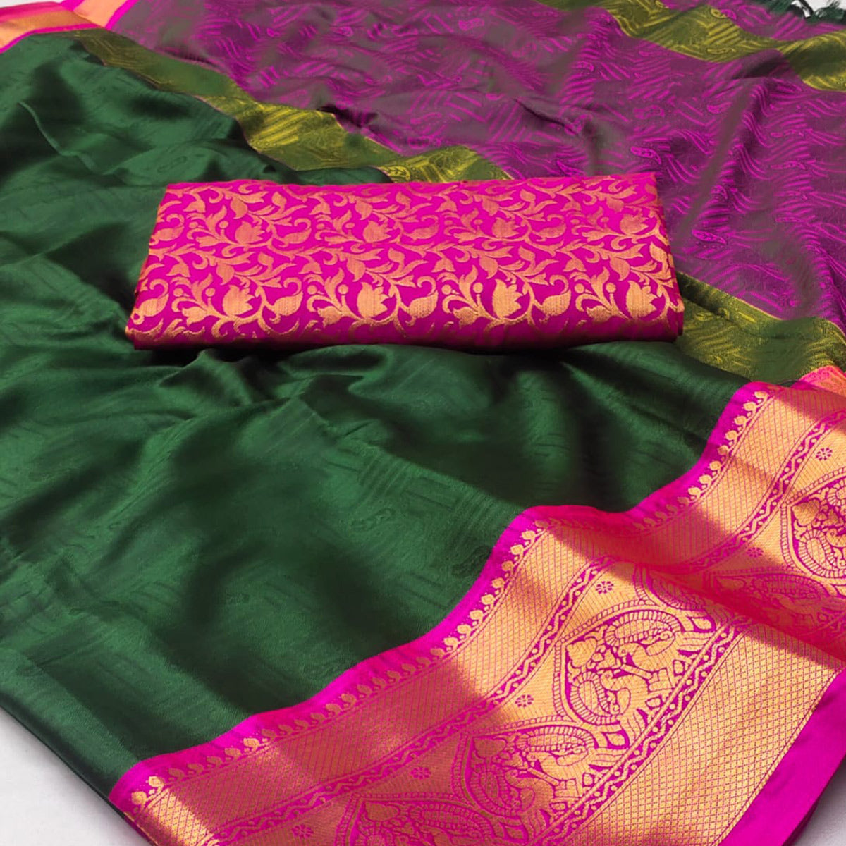 Bottle Green Woven Cotton Silk Saree With Tassels