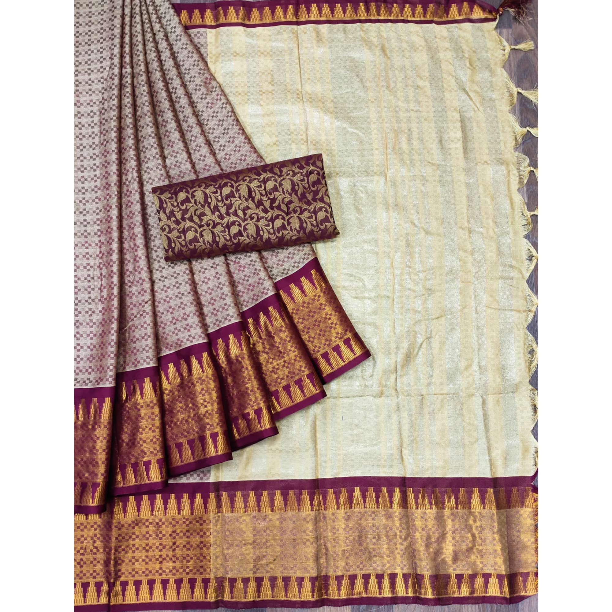 Chikoo Woven Cotton Silk Saree With Tassels