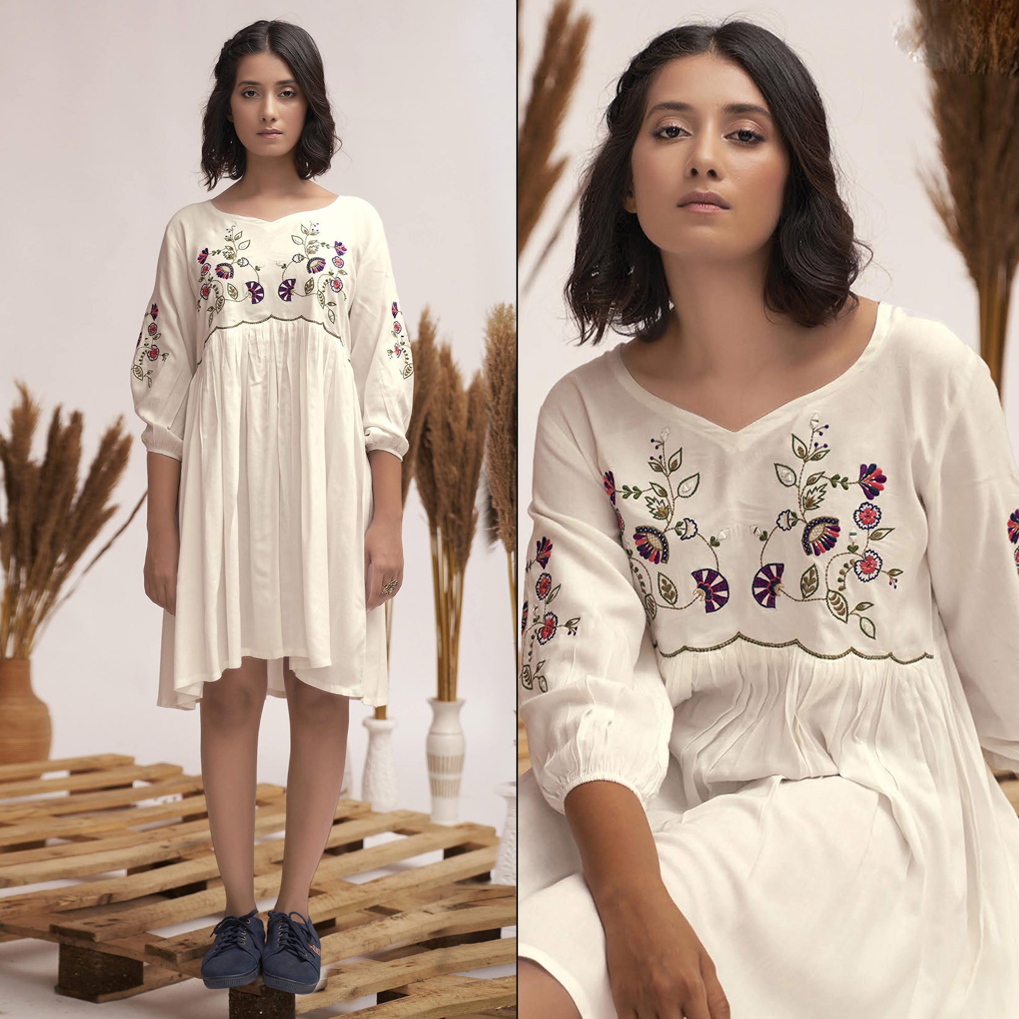 White Floral Embroidered Rayon Short Dress