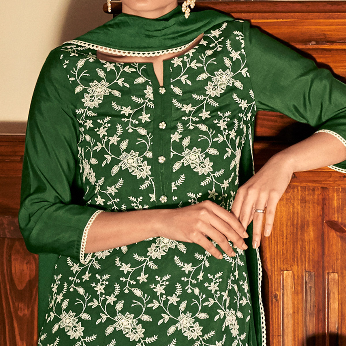 Green Lucknowi Embroidered Modal Salwar Suit